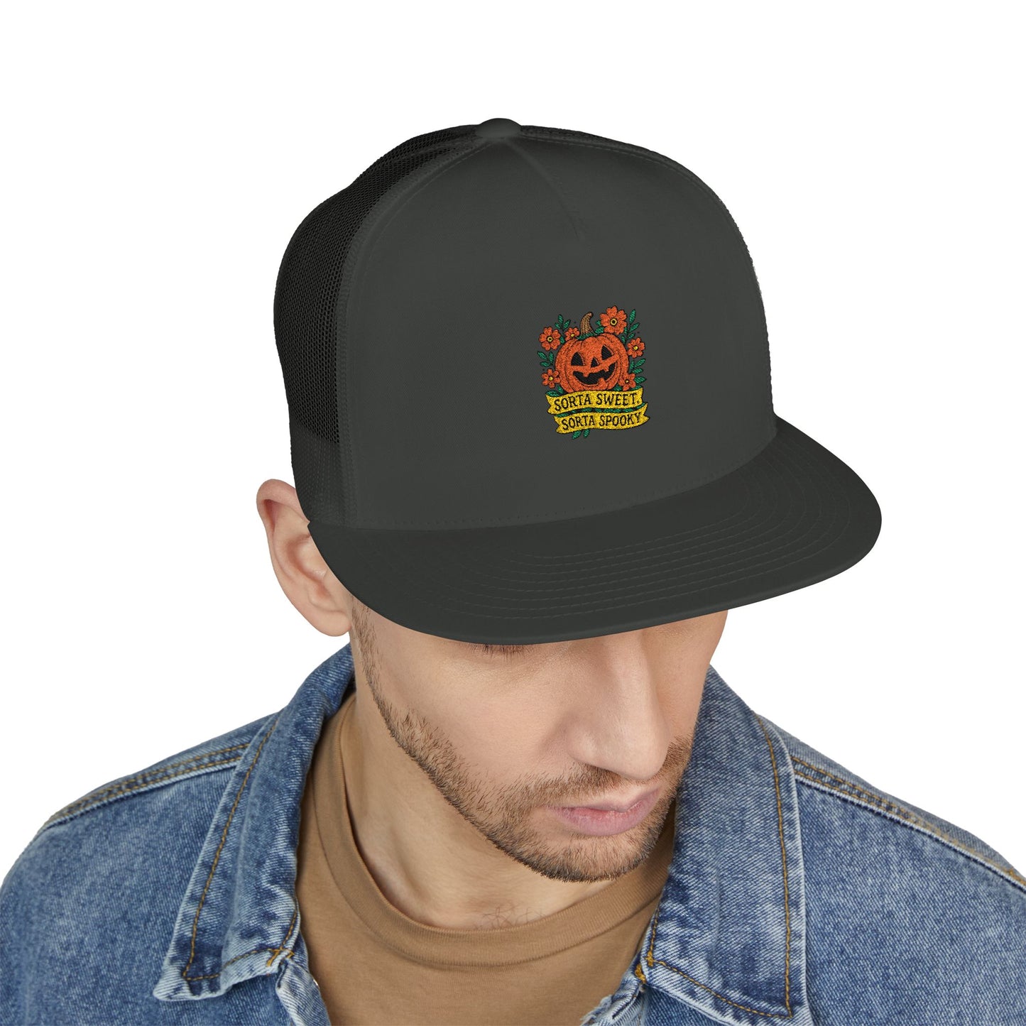 Cute Pumpkin Design – Sorta Sweet, Sorta Spooky Halloween Artwork 5 Panel Trucker