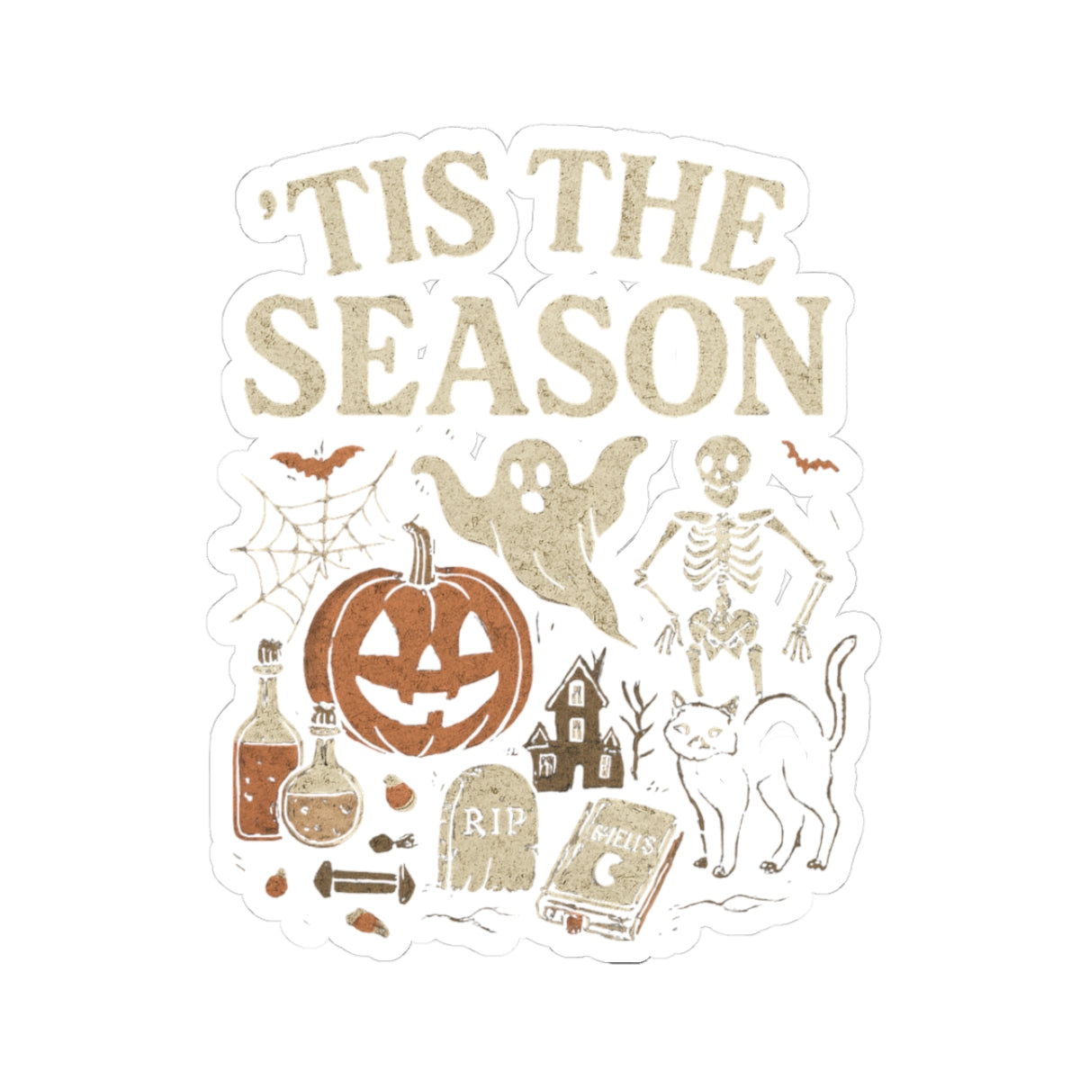 ‘Tis the Season Halloween | Vintage Spooky Season Shirt with Ghost, Skeleton & Pumpkin | Retro Halloween Graphic Tee for Fall Stickers