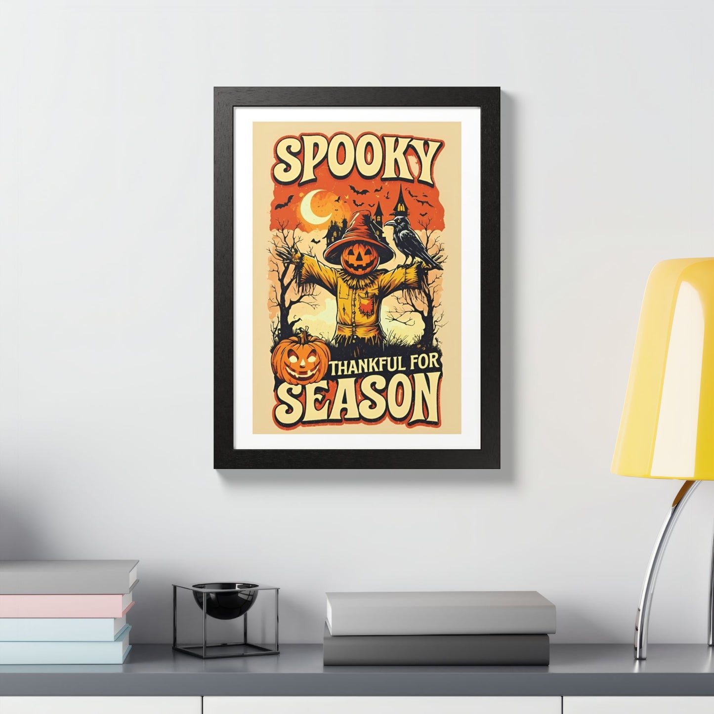 Spooky Thankful for the Season Wall Art – Halloween Pumpkin Scarecrow Poster | Autumn Fall Décor Framed Print