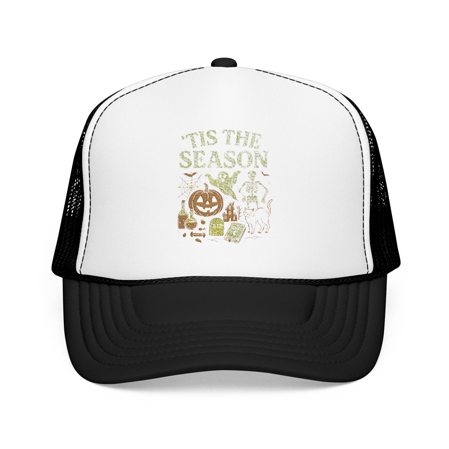 ‘Tis the Season Halloween T‑Shirt | Vintage Spooky Season Shirt with Ghost, Skeleton & Pumpkin | Retro Halloween Graphic Tee for Fall Trucker Hat Embroidered