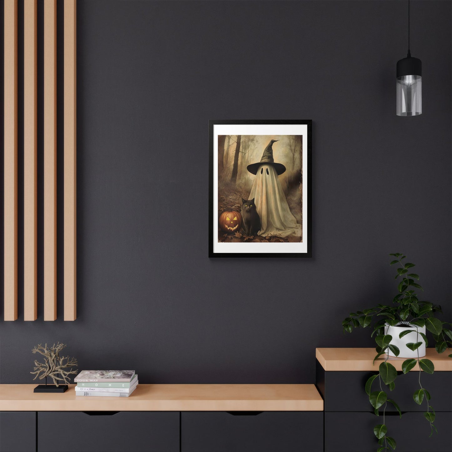 Halloween Framed Poster, Ghost and Cat Art, Spooky Home Decor, Fall Decoration, Trick or Treat, Halloween Wall Art, Framed Print