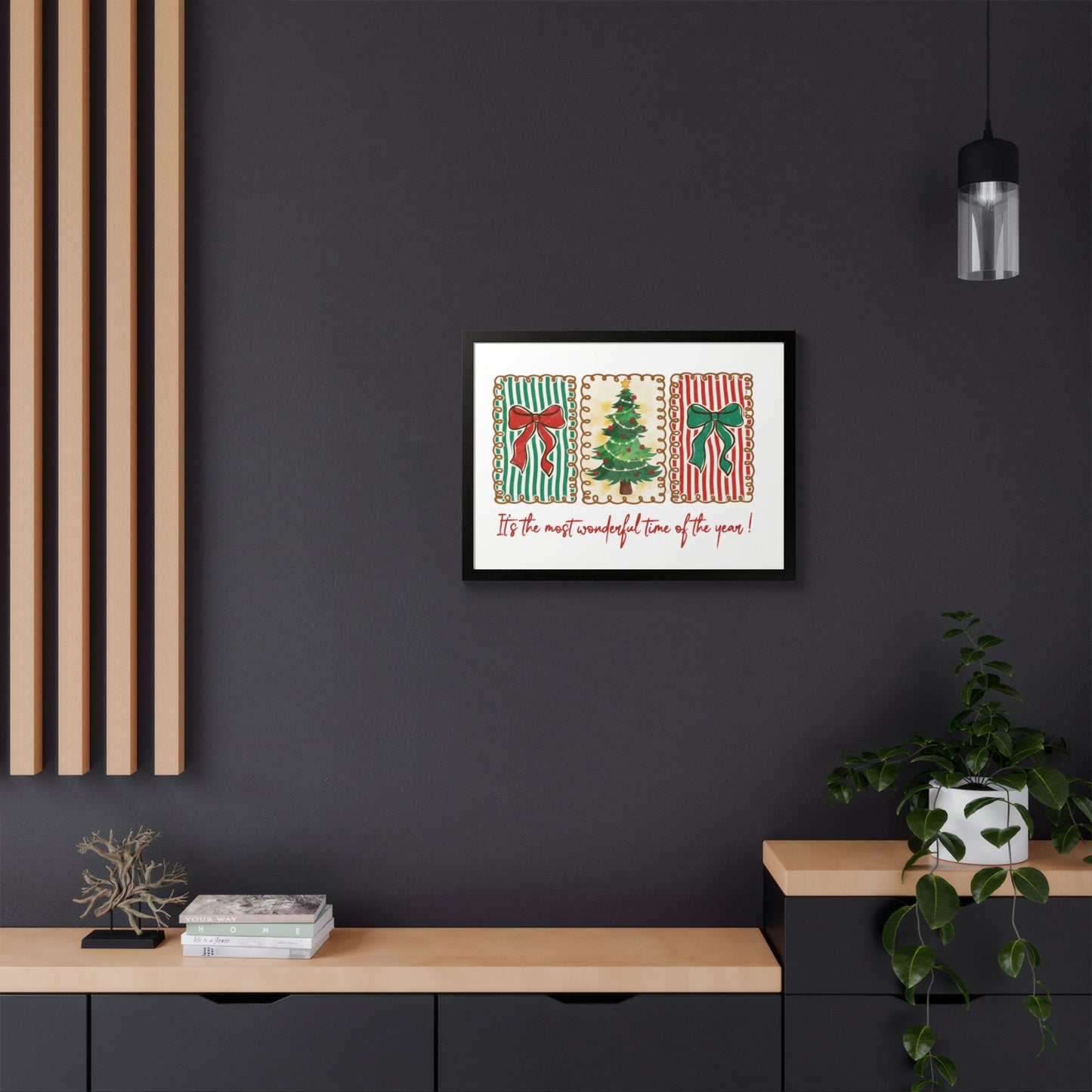 Festive Christmas Tree & Bow Design | It’s the Most Wonderful Time of the Year – Holiday Shirt, Mug, Tote & Home Decor Framed Print