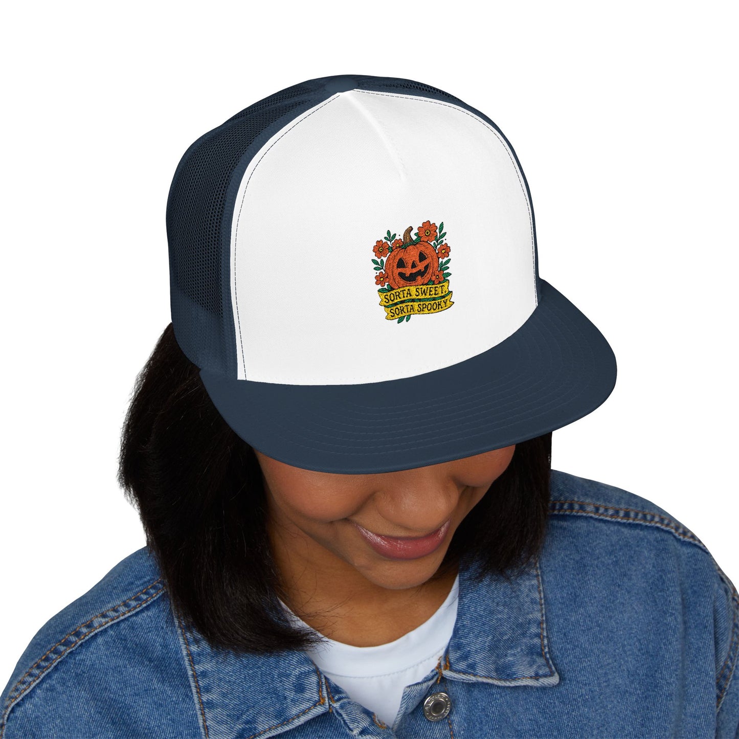 Cute Pumpkin Design – Sorta Sweet, Sorta Spooky Halloween Artwork 5 Panel Trucker