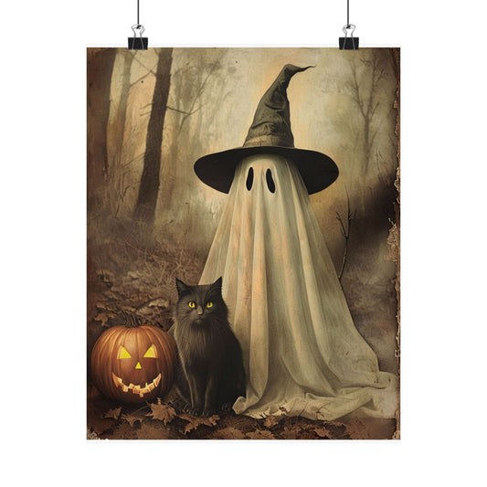 Halloween Ghost and Cat Matte Vertical Posters, Spooky Home Decor, Fall Art Print, Seasonal Wall Art, Halloween Decor, Poster