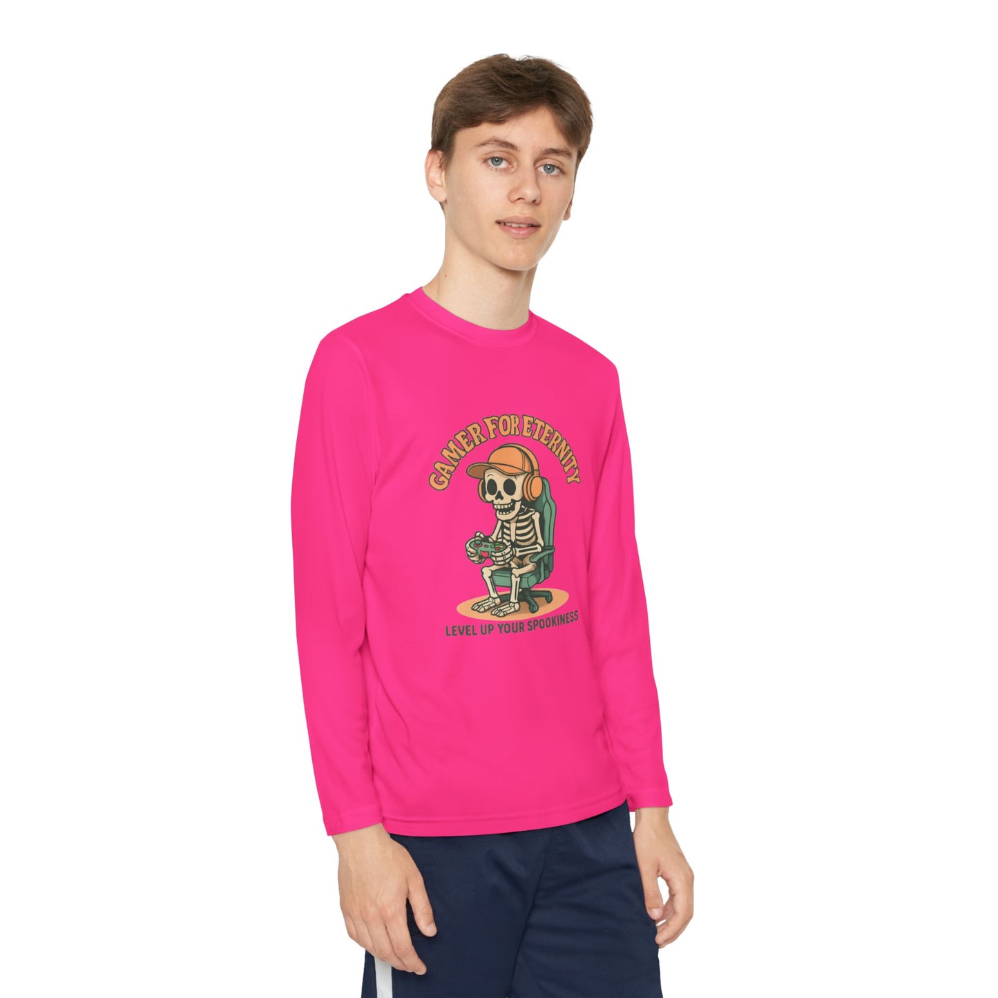 Youth Long Sleeve Gamer Tee | Spooky Skeleton Theme, Perfect for Halloween or Gaming Events, Kids Graphic Shirt, Unisex Casual Wear, Kids Long Sleeves
