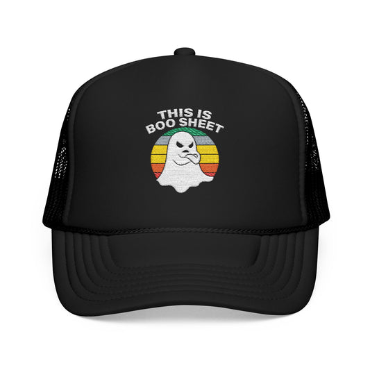 This Is Boo Sheet Funny Halloween T‑Shirt | Sarcastic Ghost Shirt for Spooky Season | Retro Ghost Graphic Tee for Men & Women Trucker Hat Embroidered