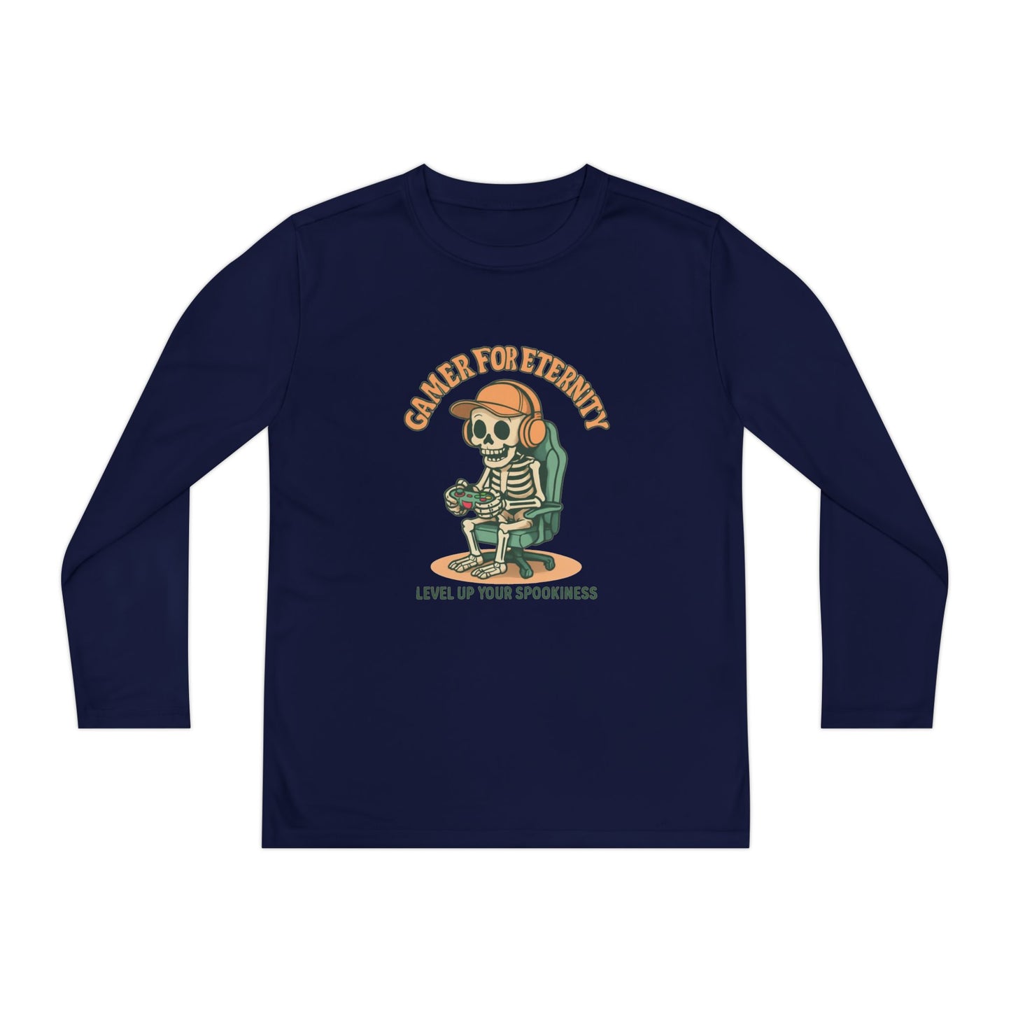 Youth Long Sleeve Gamer Tee | Spooky Skeleton Theme, Perfect for Halloween or Gaming Events, Kids Graphic Shirt, Unisex Casual Wear, Kids Long Sleeves