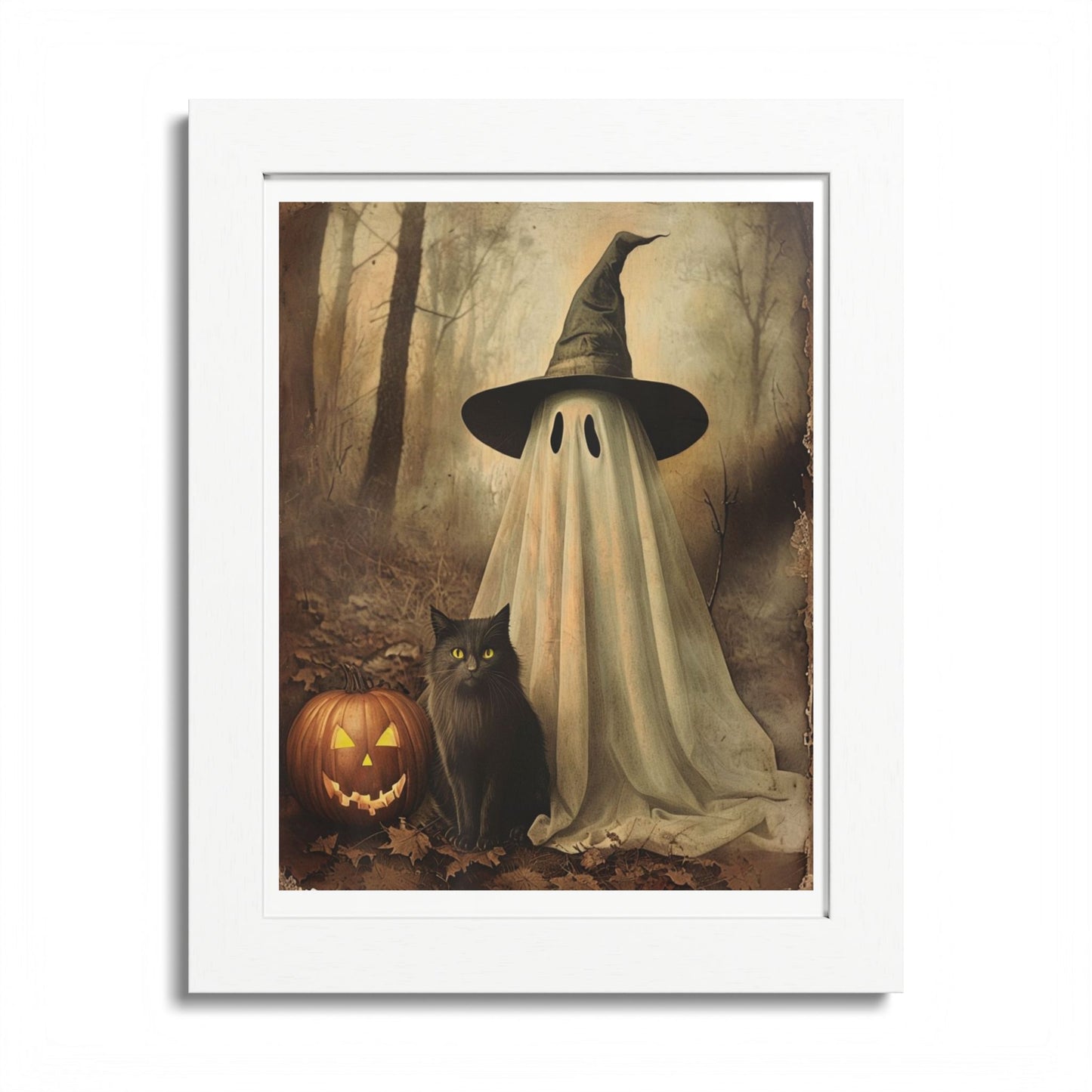 Halloween Framed Poster, Ghost and Cat Art, Spooky Home Decor, Fall Decoration, Trick or Treat, Halloween Wall Art, Framed Print
