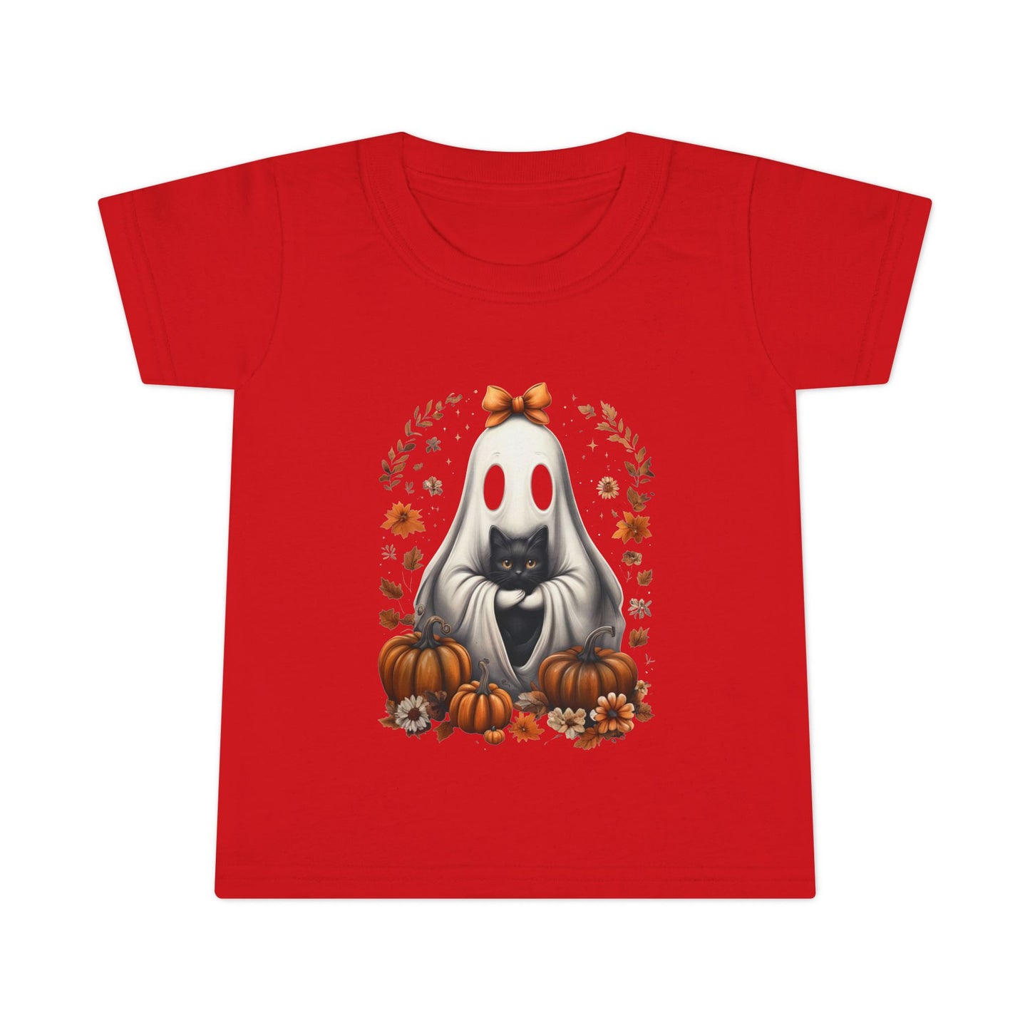 Cute Ghost and Black Cat Halloween T-Shirt | Cozy Fall Pumpkin Shirt | Spooky Season Aesthetic Apparel Gift for Halloween Lovers Toddler T-Shirt