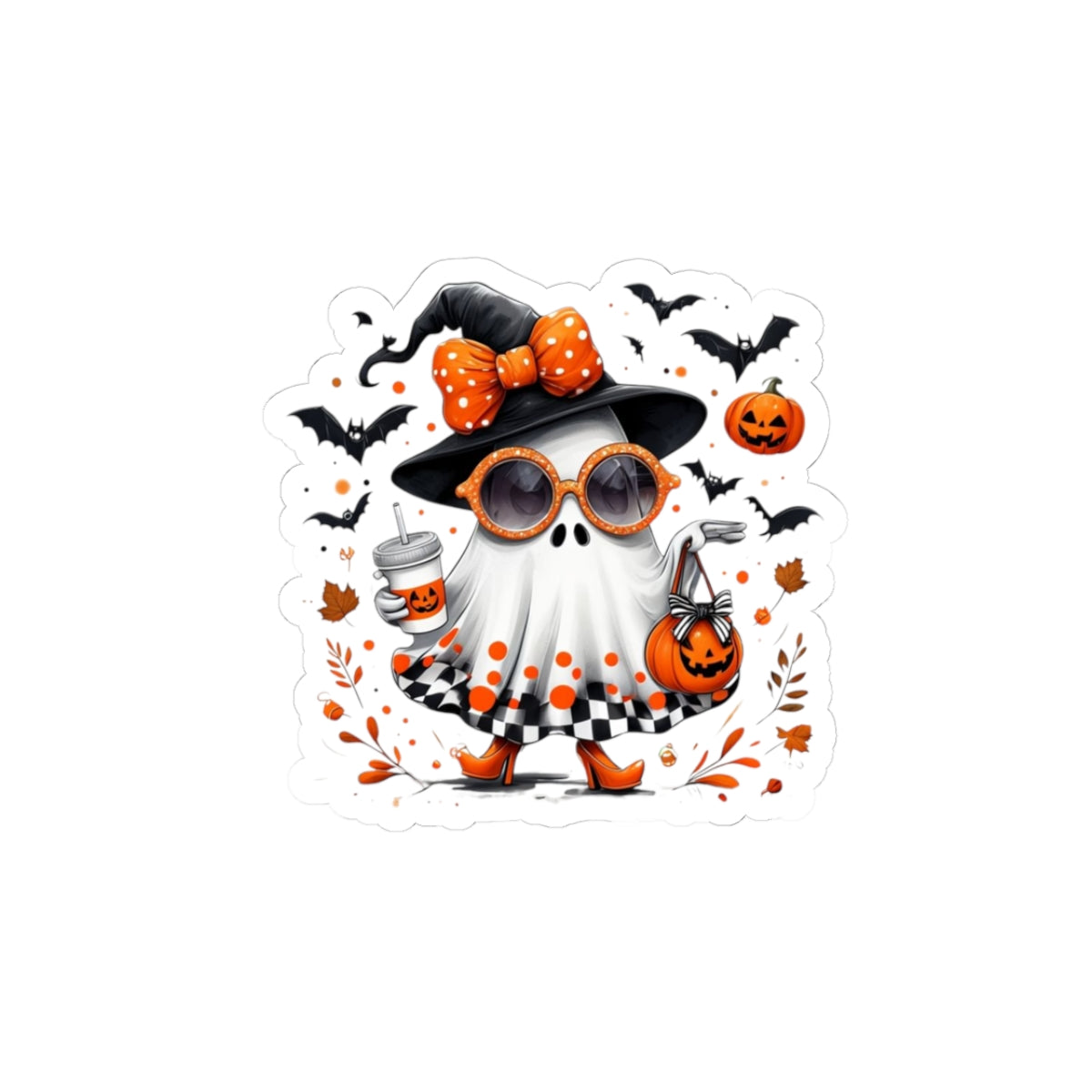 Trendy Halloween Ghost with Witch Sunglasses | Cute Spooky Chic Pumpkin Art Print | Fashion Ghost Fall Aesthetic Design  Stickers