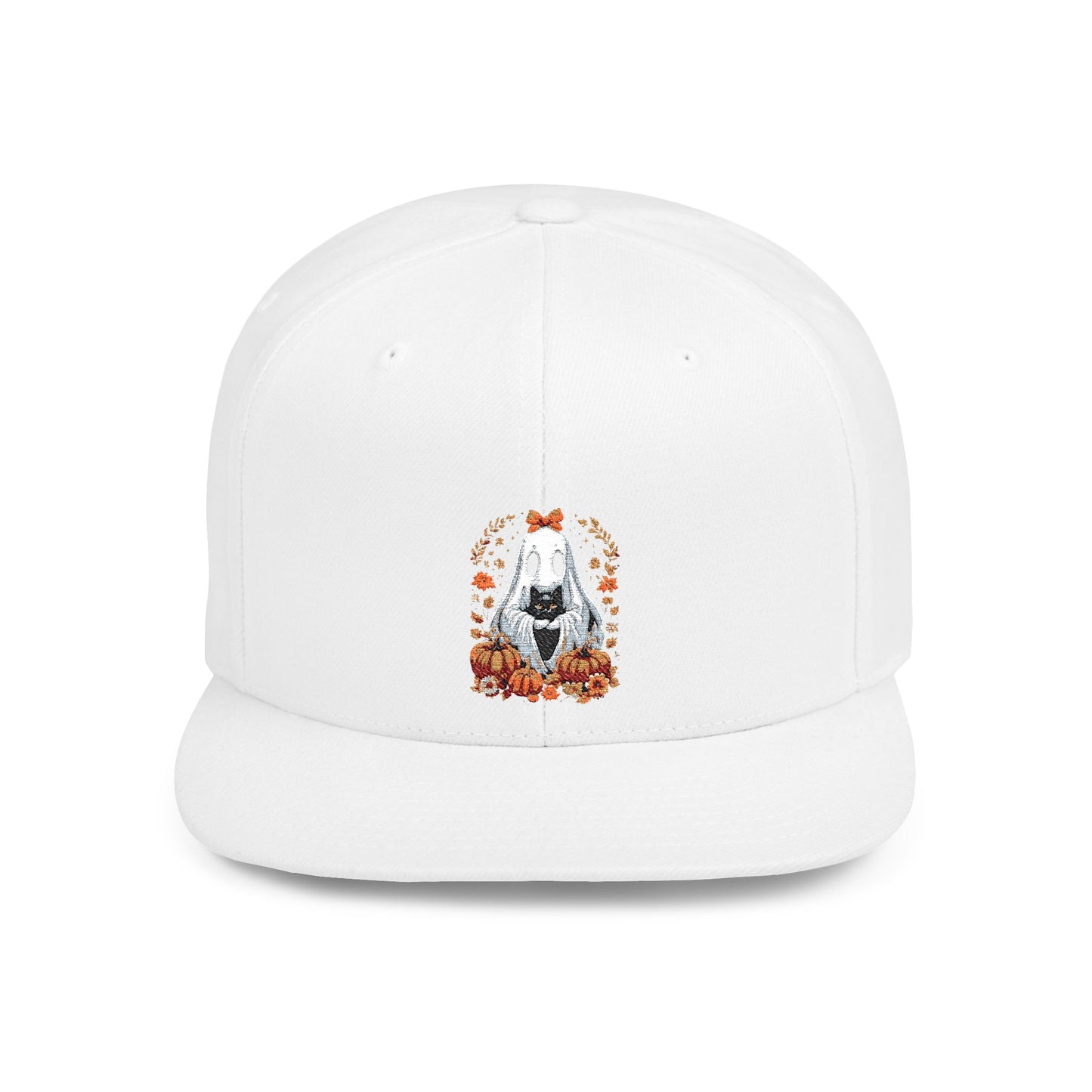 Cute Ghost and Black Cat Halloween T-Shirt | Cozy Fall Pumpkin Shirt | Spooky Season Aesthetic Apparel Gift for Halloween Lovers Snapback Cap