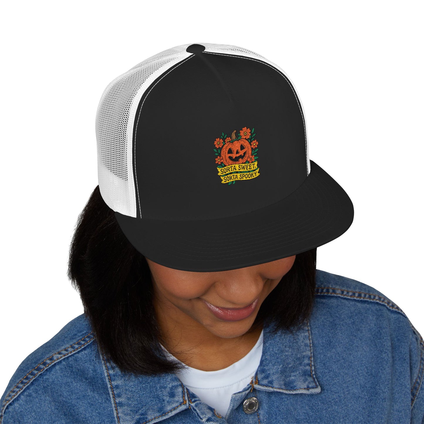Cute Pumpkin Design – Sorta Sweet, Sorta Spooky Halloween Artwork 5 Panel Trucker