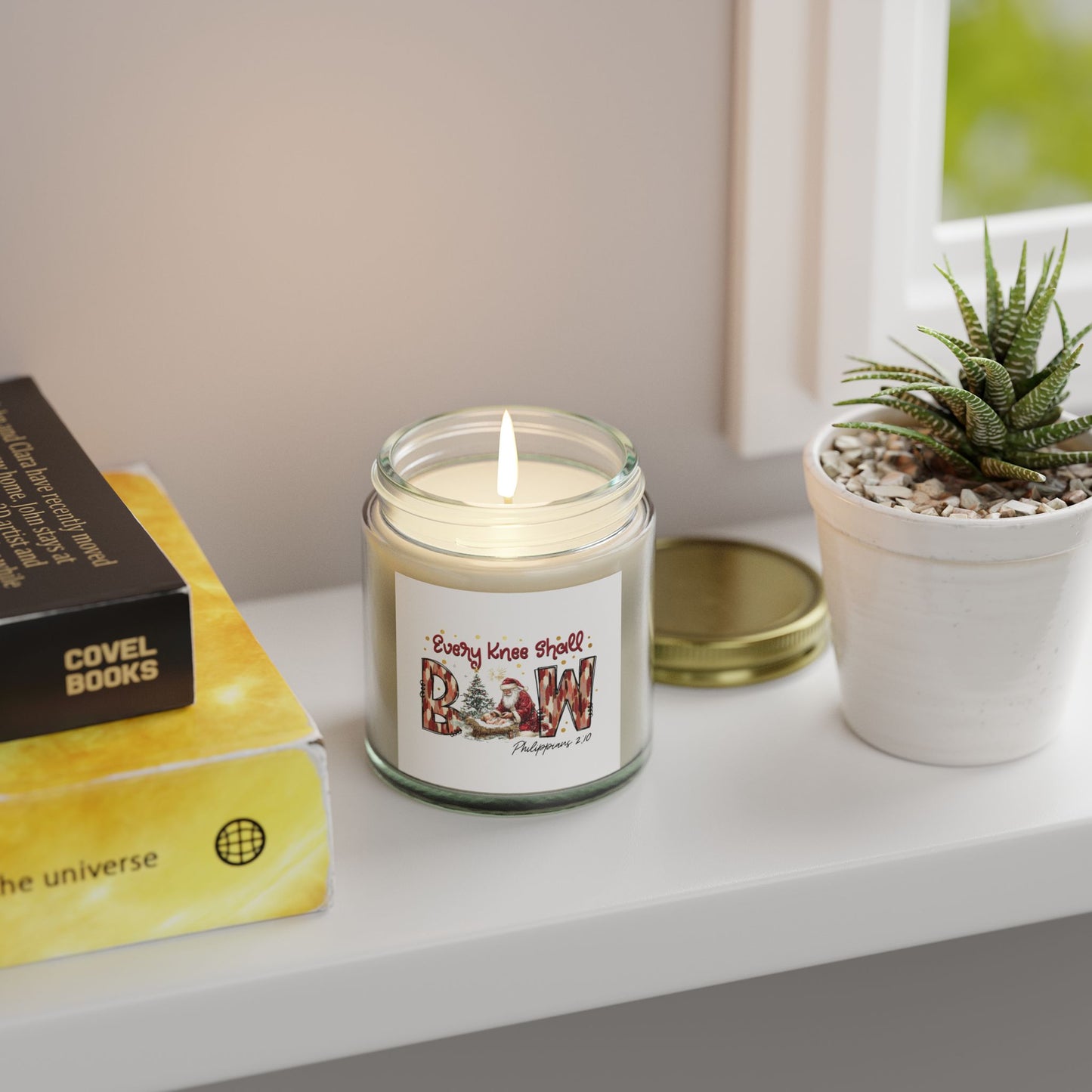 Every Knee Shall Bow Philippians 2:10 | Christian Christmas Design with Santa & Baby Jesus | Faith-Based Holiday Gift Candle