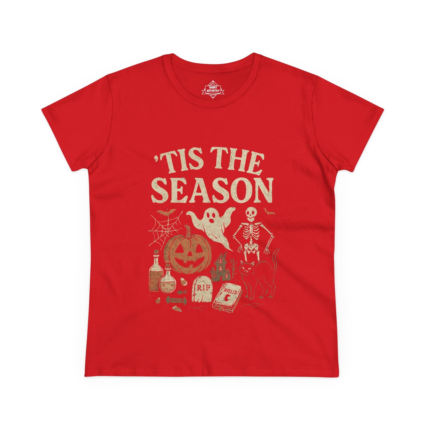 ‘Tis the Season Halloween T‑Shirt | Vintage Spooky Season Shirt with Ghost, Skeleton & Pumpkin | Retro Halloween Graphic Tee for Fall