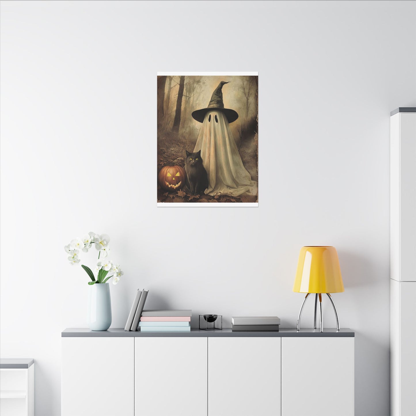 Halloween Ghost Art Canvas Print, Spooky Home Decor, Cat & Pumpkin Wall Art, Witchy Vibe, Fall Season Decoration, Trick or Treat, Canvas Print