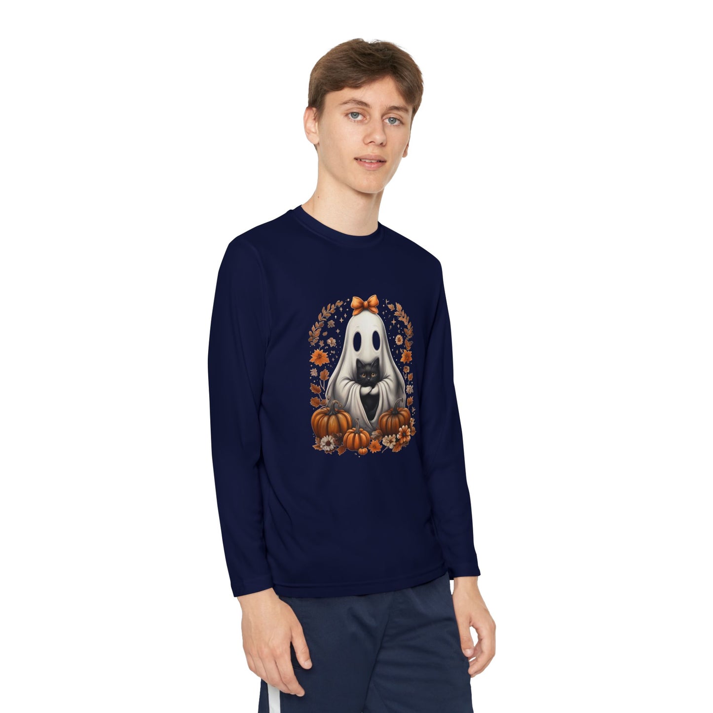 Cute Ghost and Black Cat Halloween T-Shirt | Cozy Fall Pumpkin Shirt | Spooky Season Aesthetic Apparel Gift for Halloween Lovers