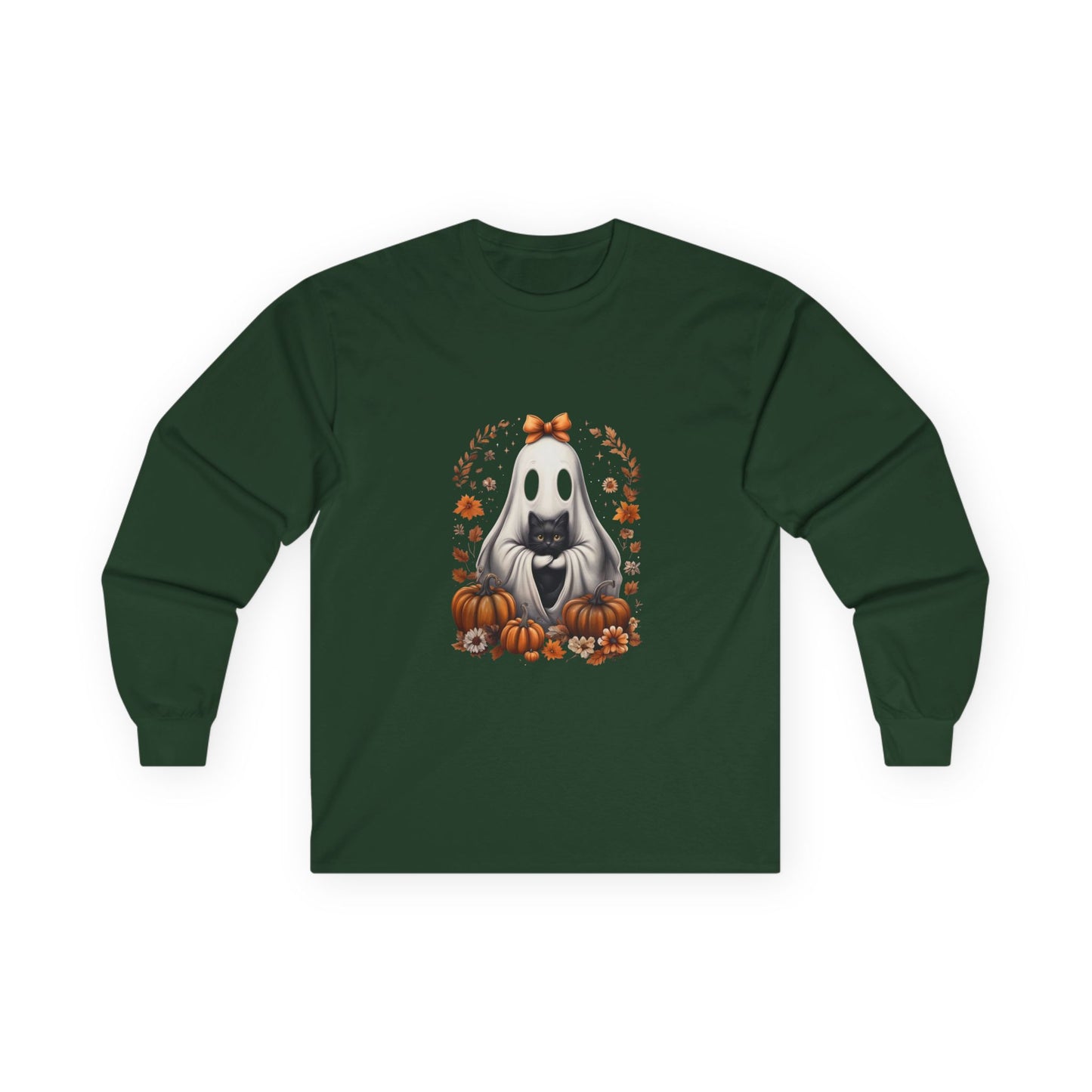 Cute Ghost and Black Cat Halloween T-Shirt | Cozy Fall Pumpkin Shirt | Spooky Season Aesthetic Apparel Gift for Halloween Lovers