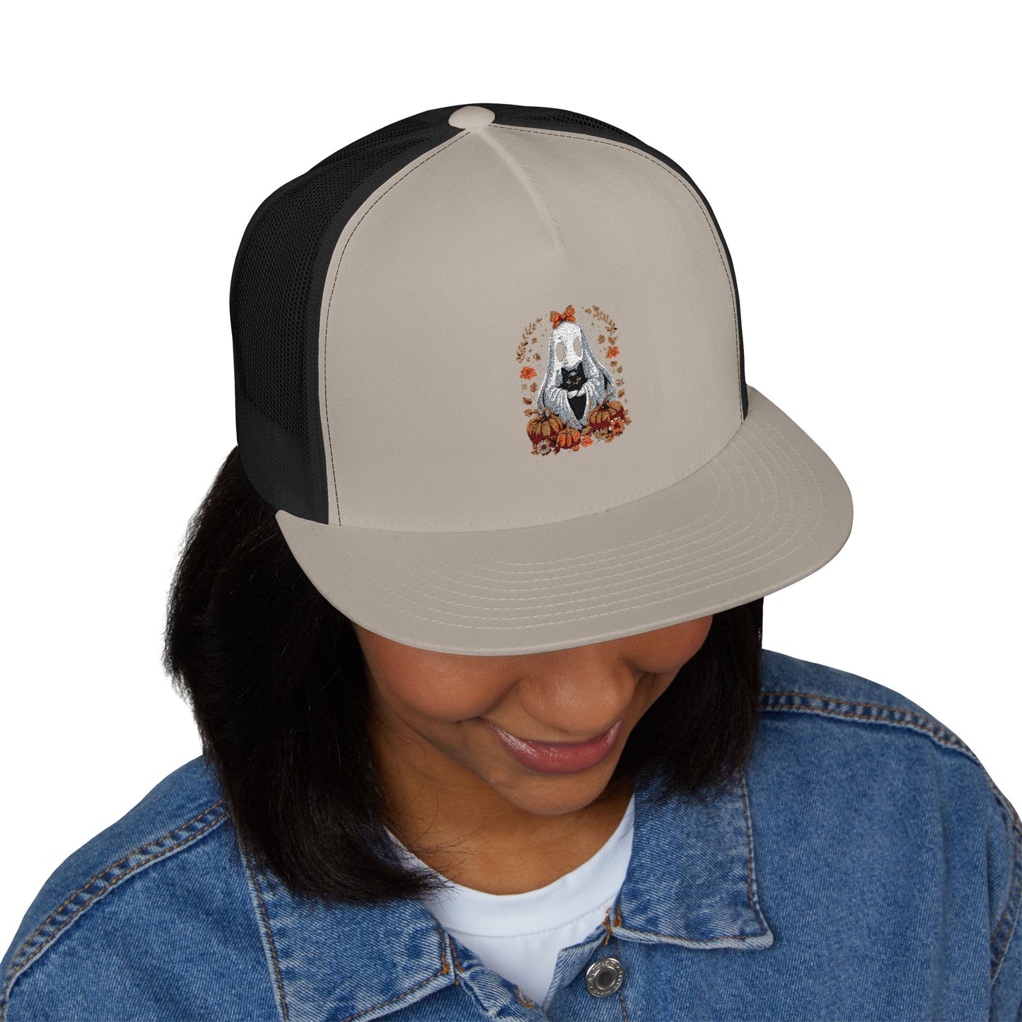 Cute Ghost and Black Cat Halloween T-Shirt | Cozy Fall Pumpkin Shirt | Spooky Season Aesthetic Apparel Gift for Halloween Lovers 5 Panel Trucker