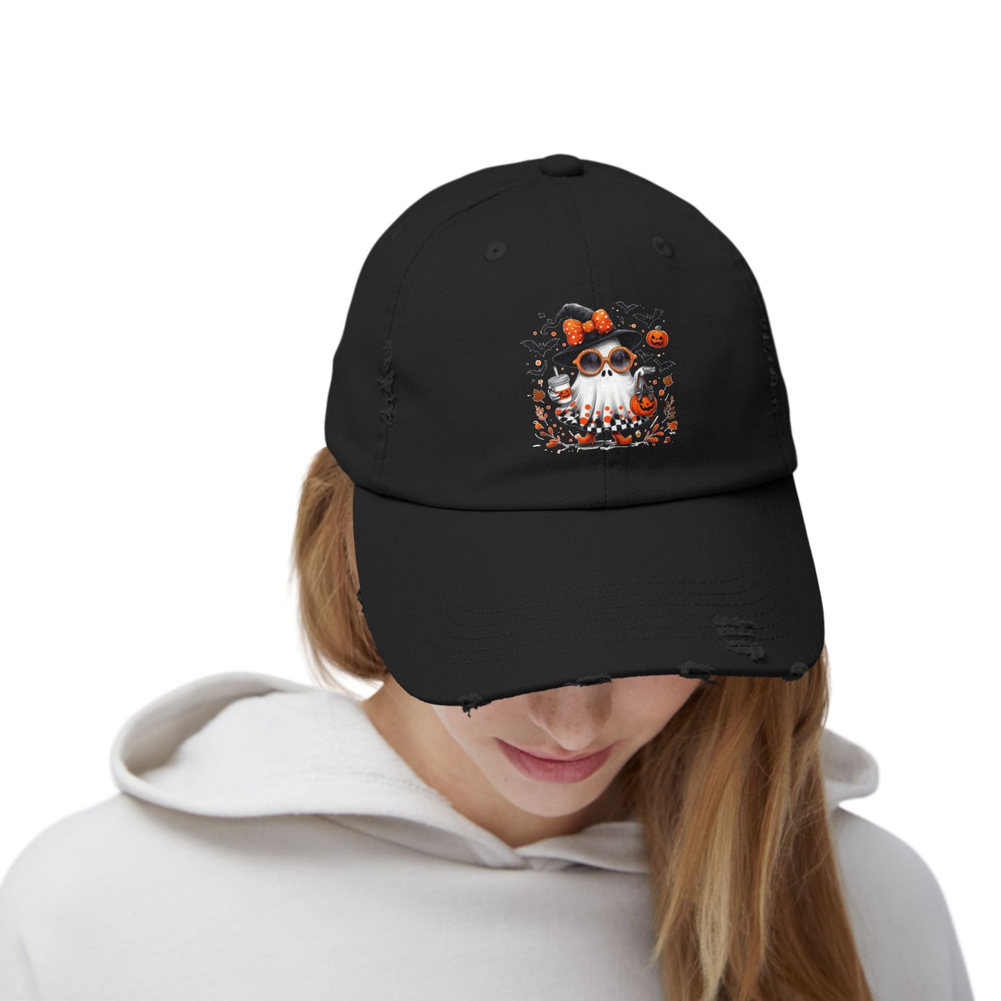 Cute Halloween Ghost  | Trendy Witch Ghost Outfit | Spooky Fall Shirt for Women | Pumpkin Aesthetic Halloween Apparel Gift Distressed cap
