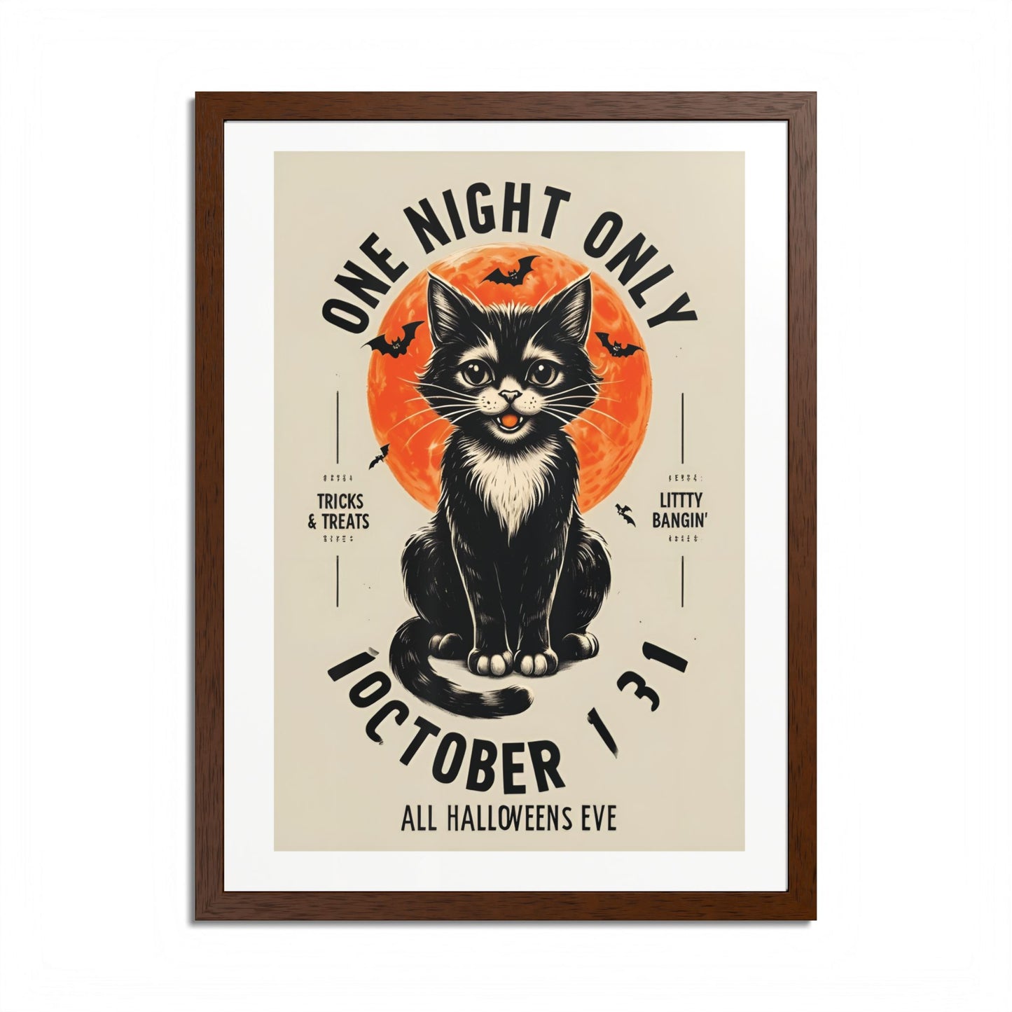 Halloween Black Cat Design | One Night Only October 31 Vintage Artwork Framed Print