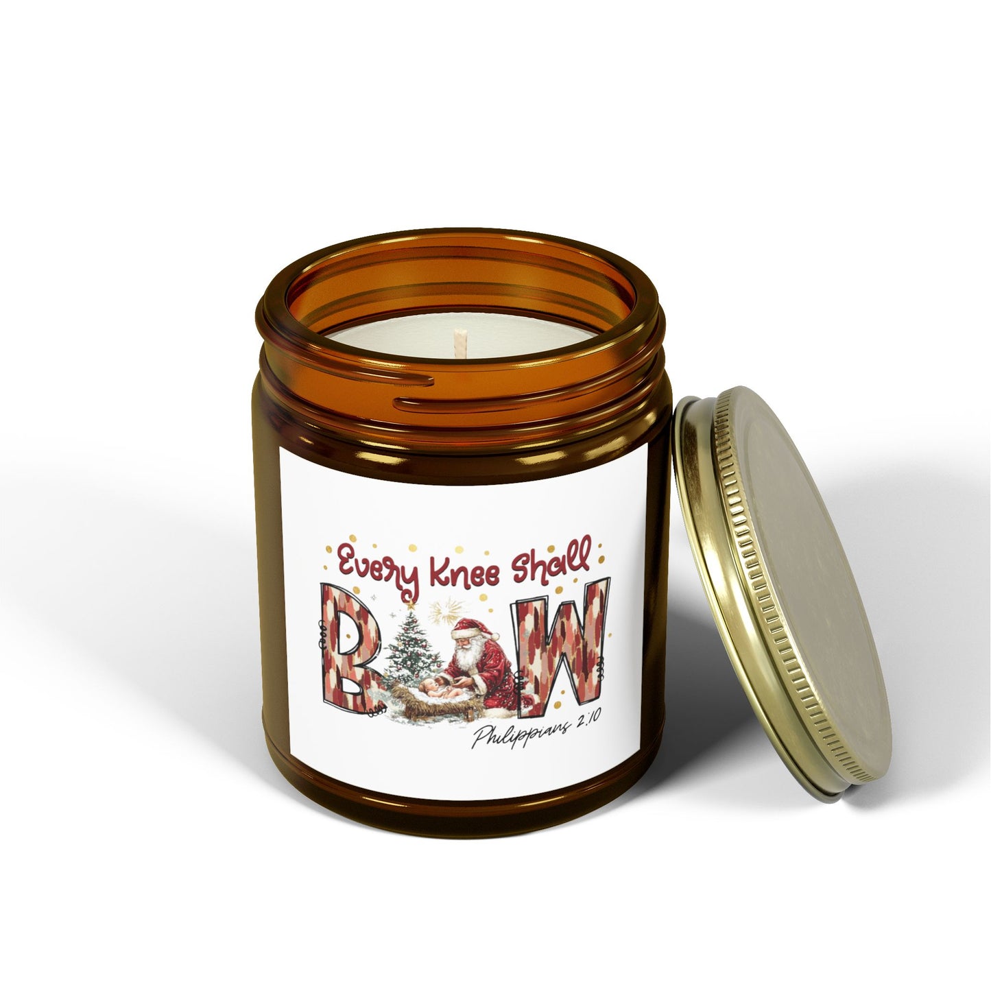 Every Knee Shall Bow Philippians 2:10 | Christian Christmas Design with Santa & Baby Jesus | Faith-Based Holiday Gift Candle