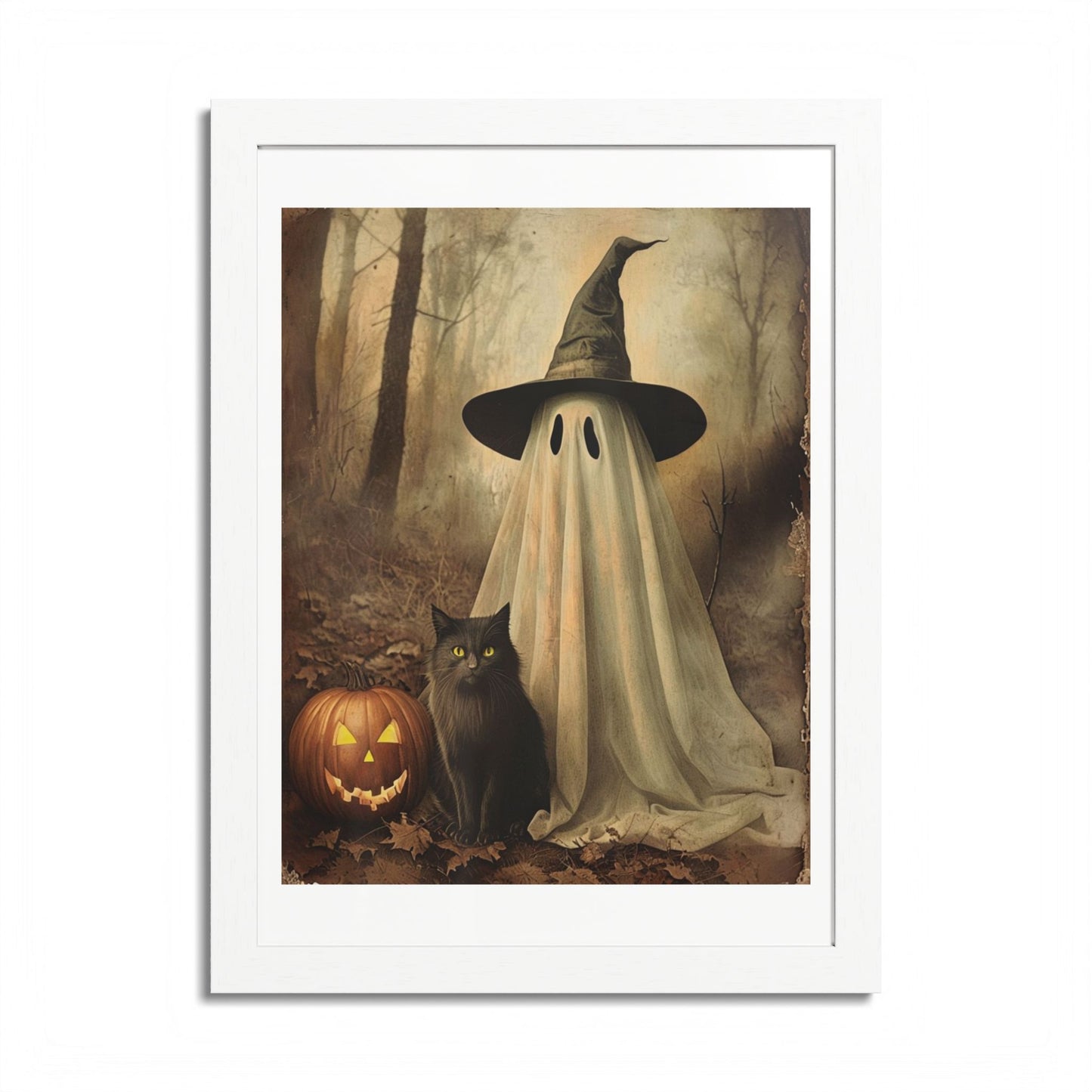 Halloween Framed Poster, Ghost and Cat Art, Spooky Home Decor, Fall Decoration, Trick or Treat, Halloween Wall Art, Framed Print
