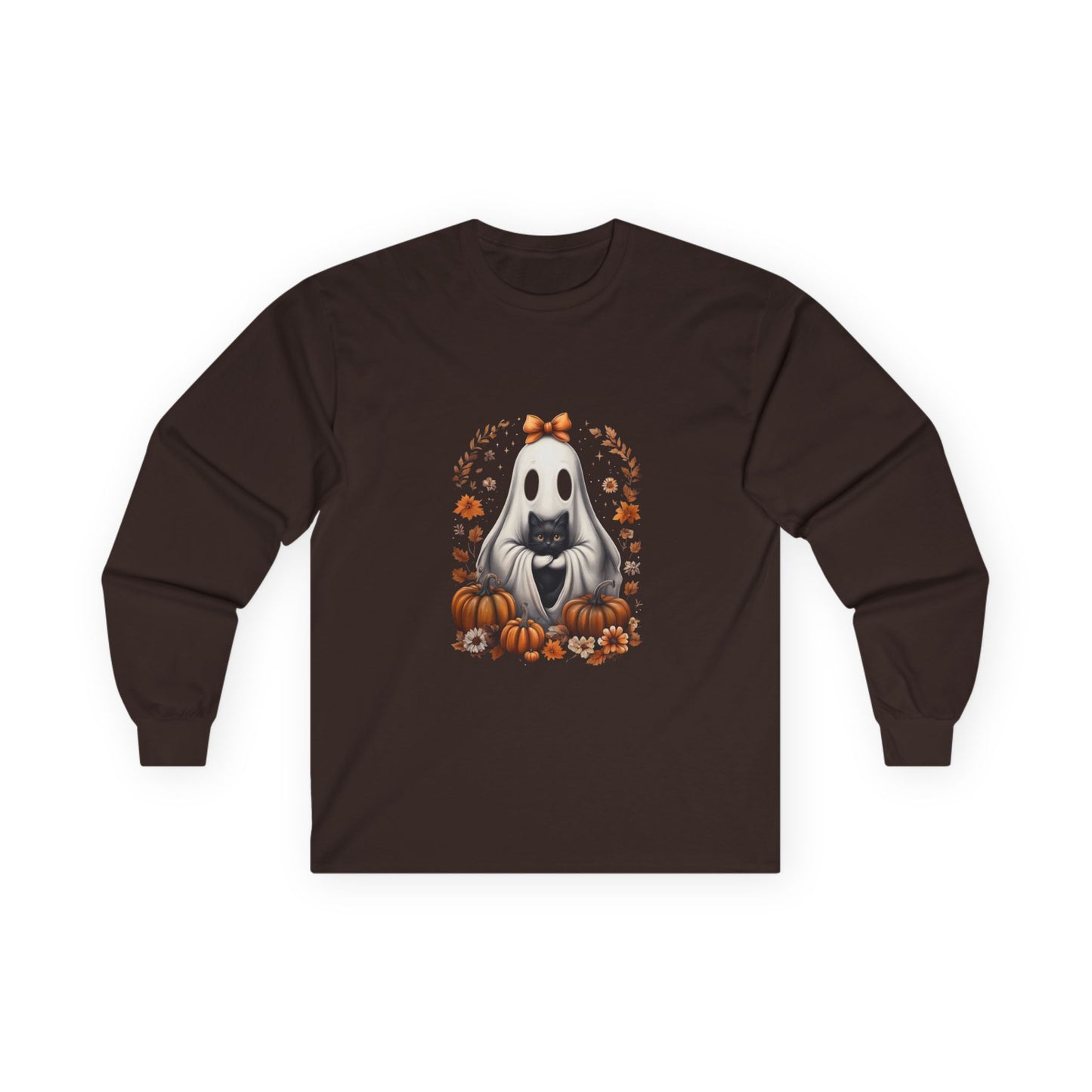 Cute Ghost and Black Cat Halloween T-Shirt | Cozy Fall Pumpkin Shirt | Spooky Season Aesthetic Apparel Gift for Halloween Lovers