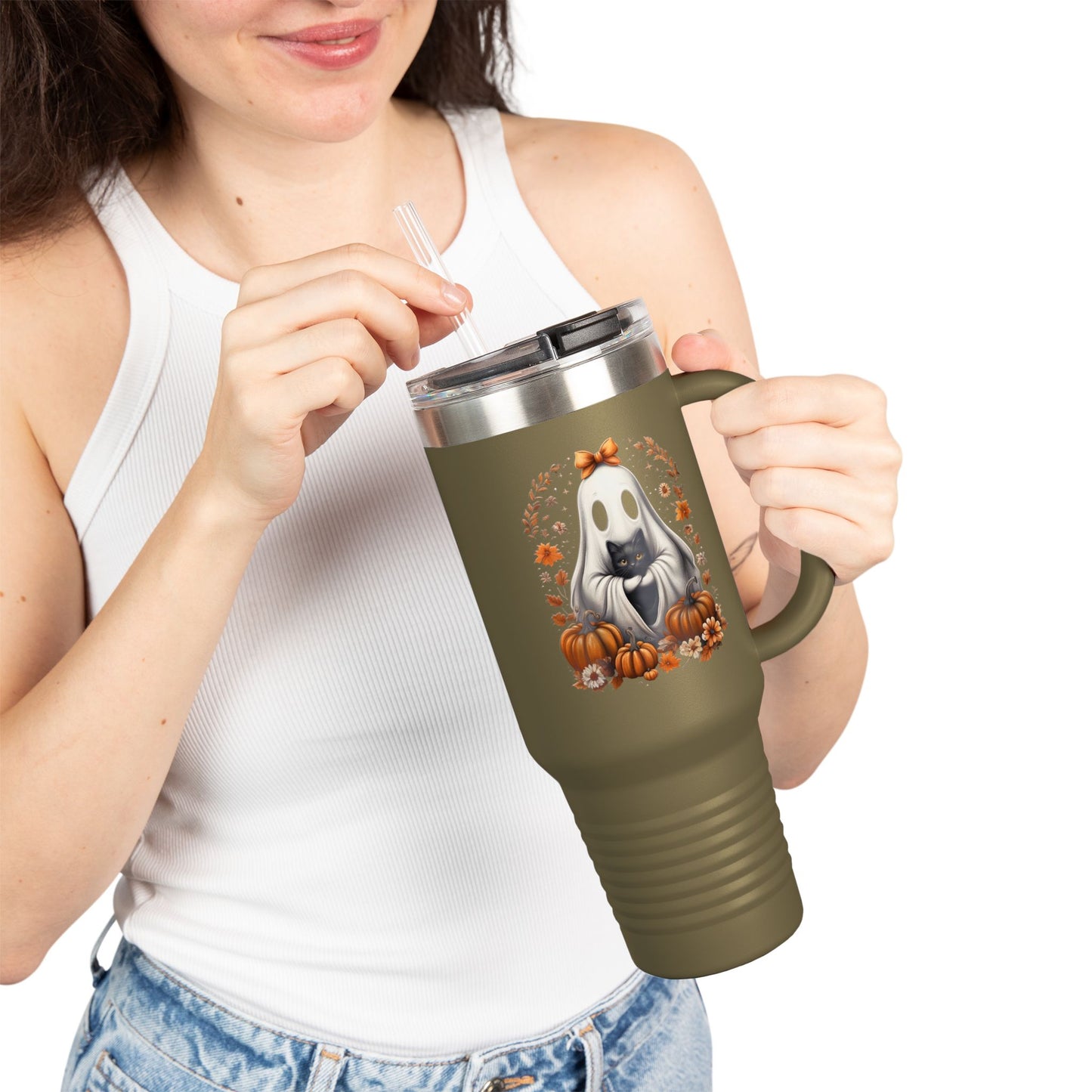 Cute Halloween Ghost T-Shirt | Trendy Witch Ghost Outfit | Spooky Fall Shirt for Women | Pumpkin Aesthetic Halloween Apparel Gift  Travel Mug