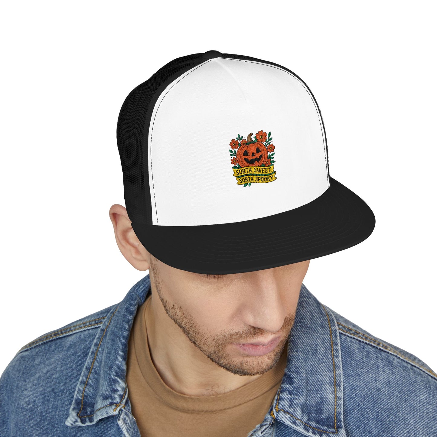 Cute Pumpkin Design – Sorta Sweet, Sorta Spooky Halloween Artwork 5 Panel Trucker
