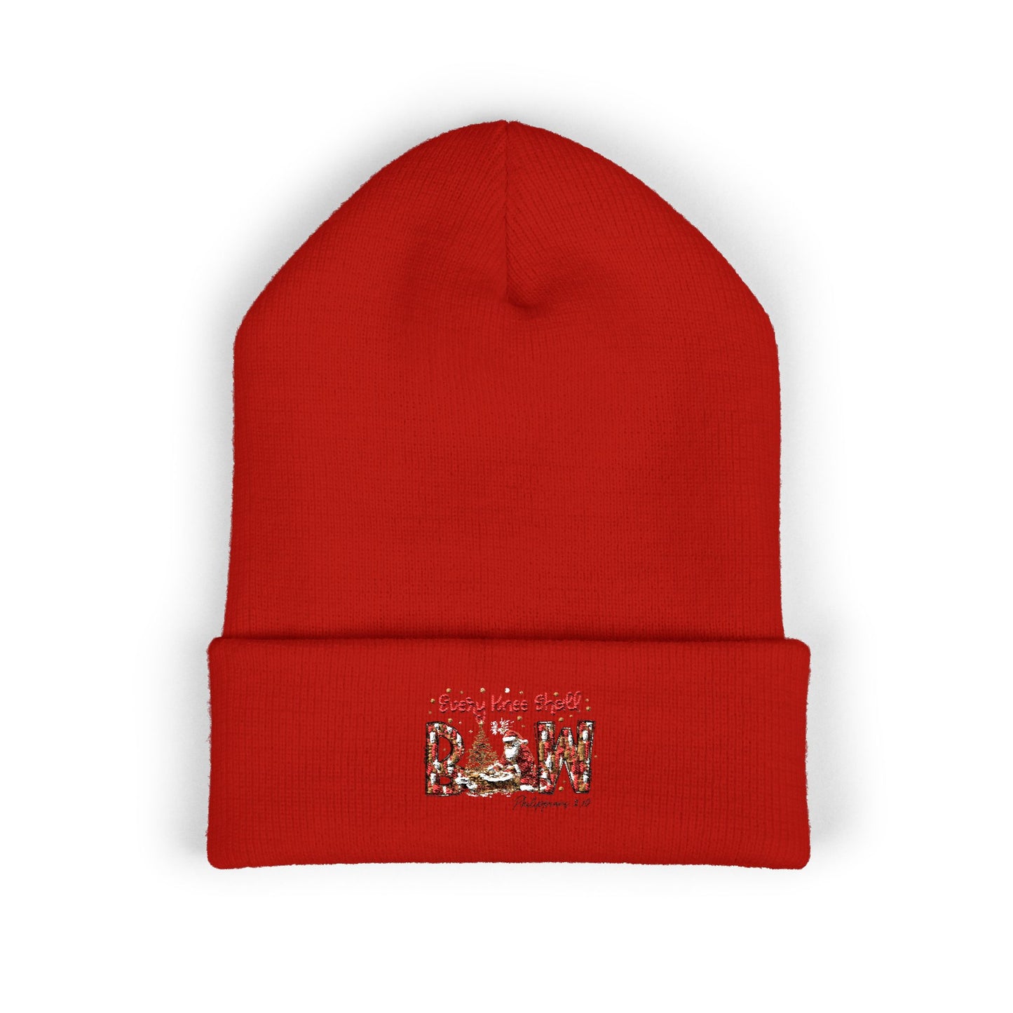 Every Knee Shall Bow Philippians 2:10 | Christian Christmas Design with Santa & Baby Jesus | Faith-Based Holiday Gift Cuffed Beanie