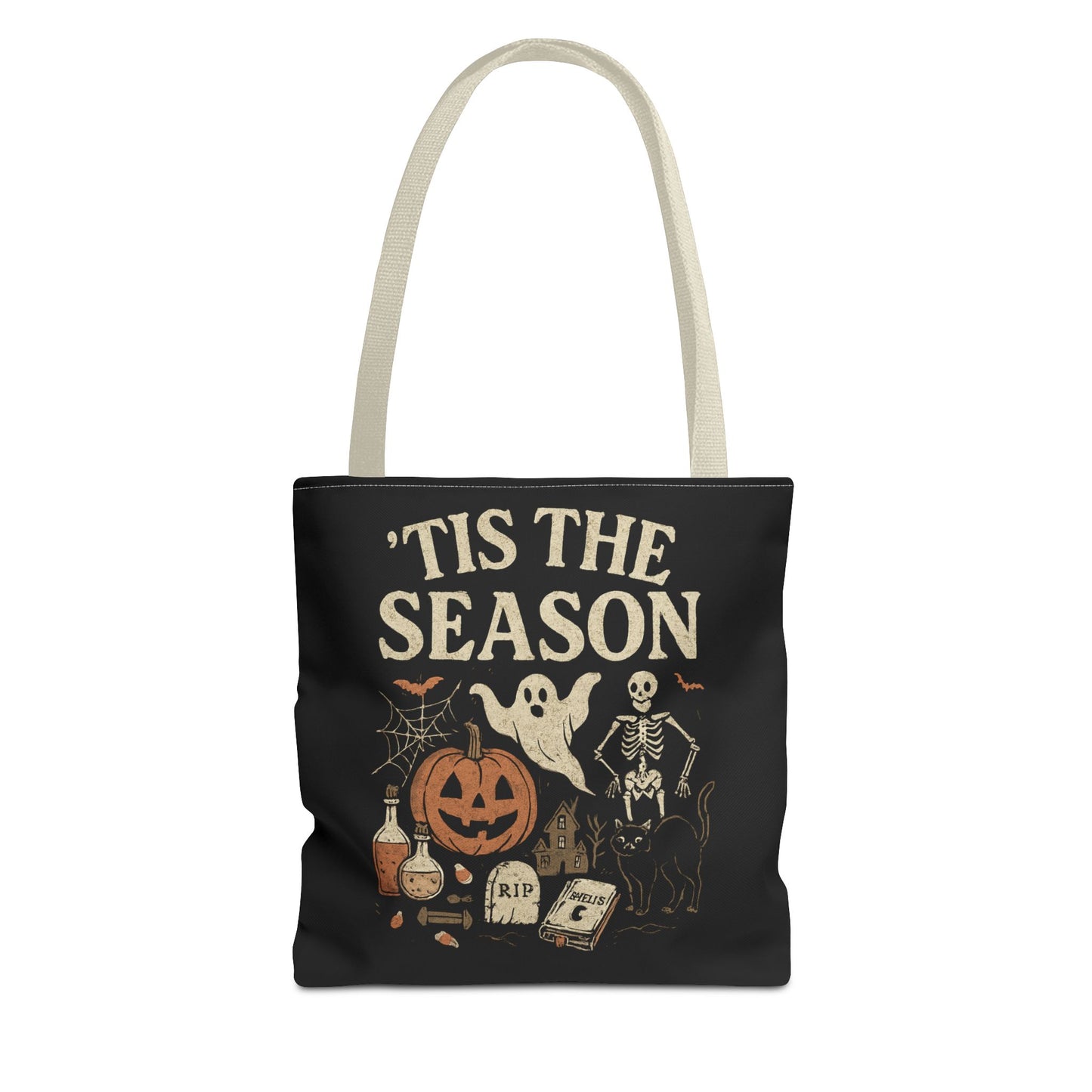 'Tis the Season Halloween Tote Bag, Spooky Bag, Trick or Treat Bag, Autumn Accessories, Ghost & Pumpkin Design Tote Bags