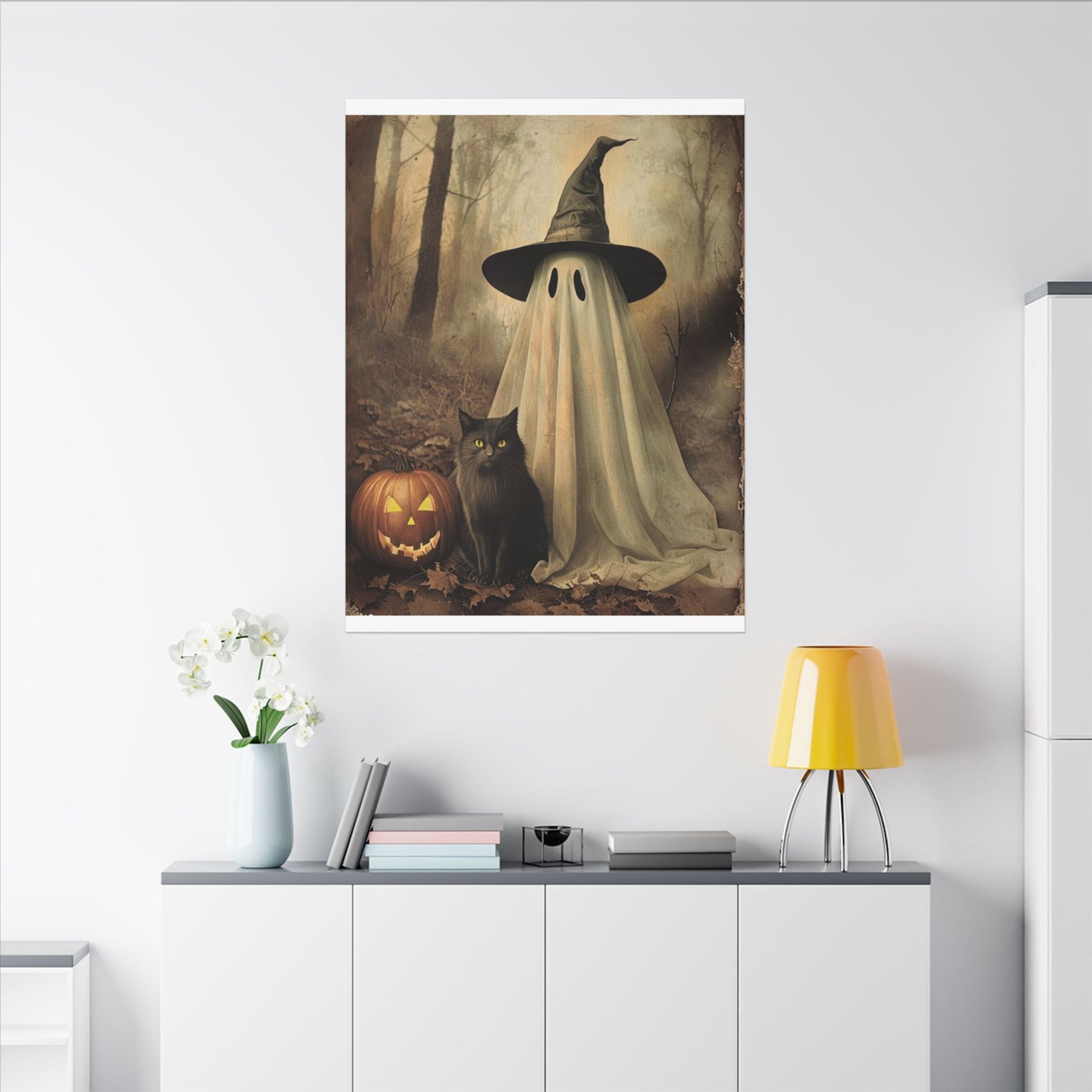 Halloween Ghost Art Canvas Print, Spooky Home Decor, Cat & Pumpkin Wall Art, Witchy Vibe, Fall Season Decoration, Trick or Treat, Canvas Print