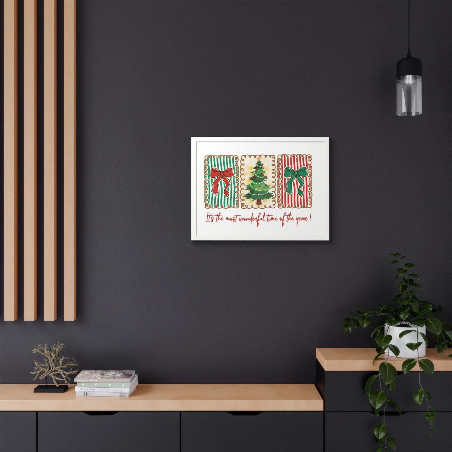Festive Christmas Tree & Bow Design | It’s the Most Wonderful Time of the Year – Holiday Shirt, Mug, Tote & Home Decor Framed Print