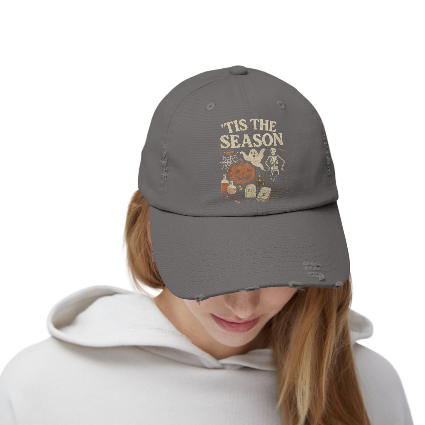 ‘Tis the Season Halloween  | Vintage Spooky Season Shirt with Ghost, Skeleton & Pumpkin | Retro Halloween Graphic Tee for Fall Distressed cap