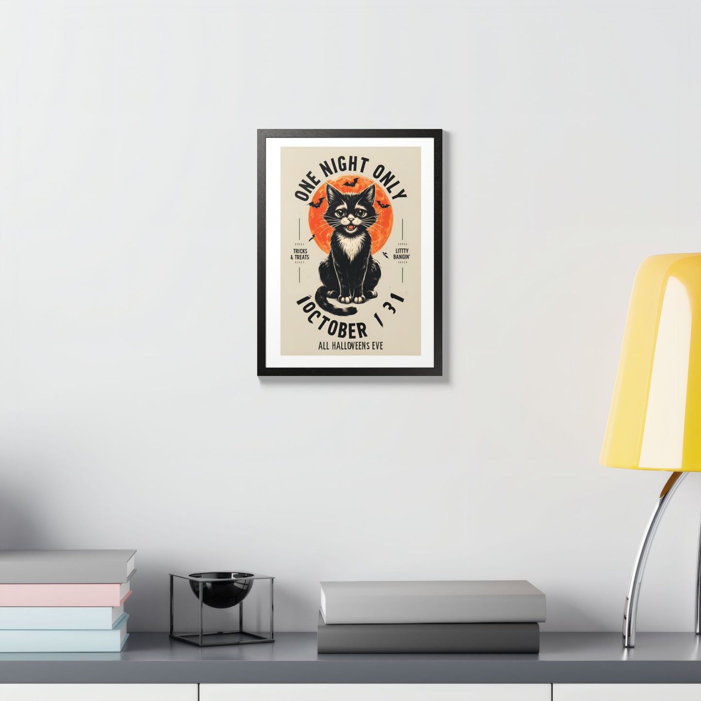 Halloween Black Cat Design | One Night Only October 31 Vintage Artwork Framed Print