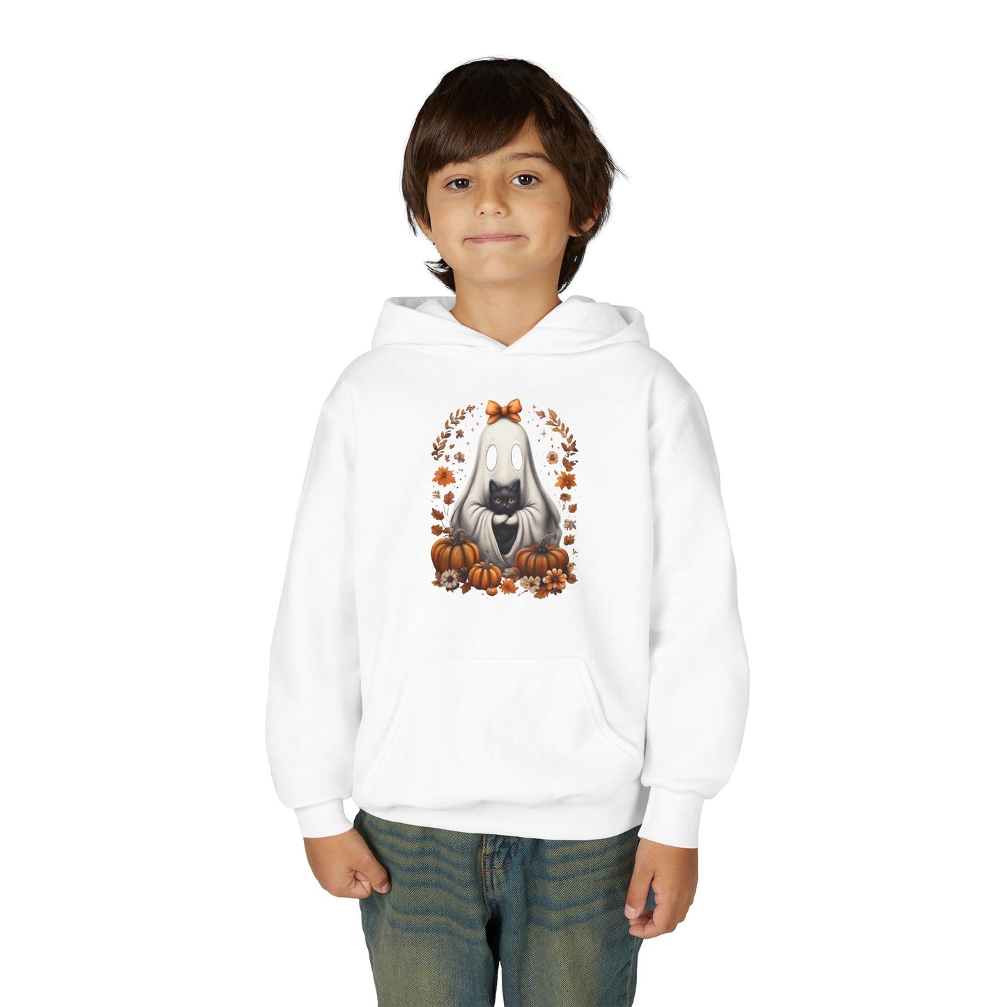 Cute Ghost and Black Cat Halloween T-Shirt | Cozy Fall Pumpkin Shirt | Spooky Season Aesthetic Apparel Gift for Halloween Lovers Kids Hoodie