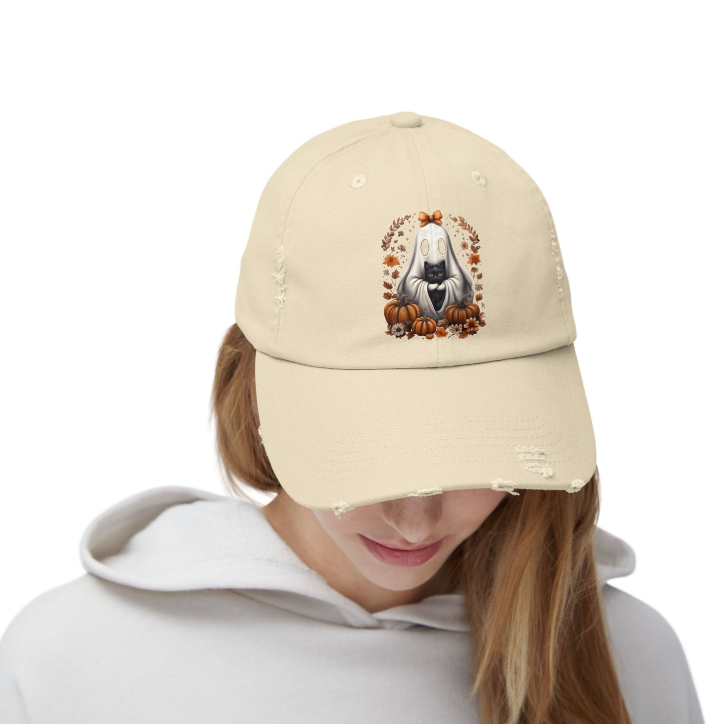 Cute Ghost and Black Cat Halloween T-Shirt | Cozy Fall Pumpkin Shirt | Spooky Season Aesthetic Apparel Gift for Halloween Lovers Distressed cap