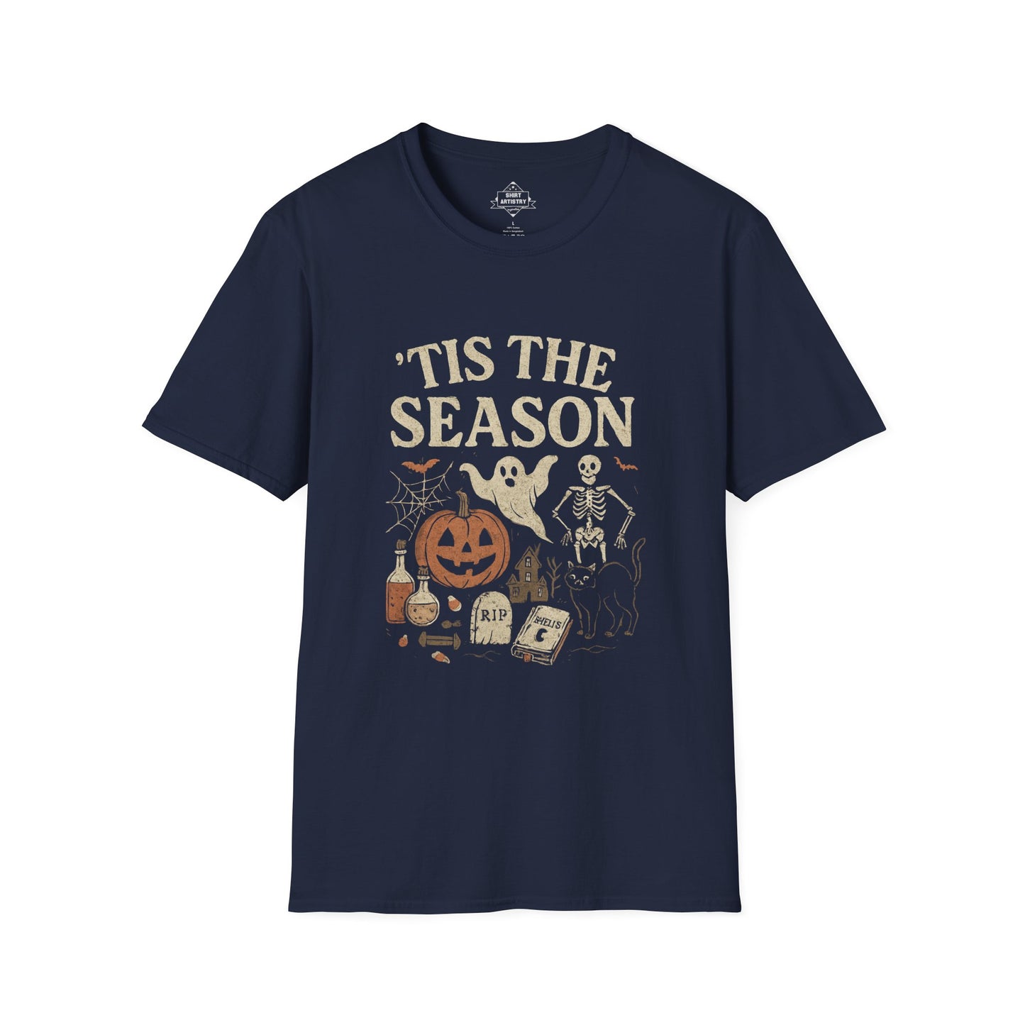 ‘Tis the Season Halloween T‑Shirt | Vintage Spooky Season Shirt with Ghost, Skeleton & Pumpkin | Retro Halloween Graphic Tee for Fall