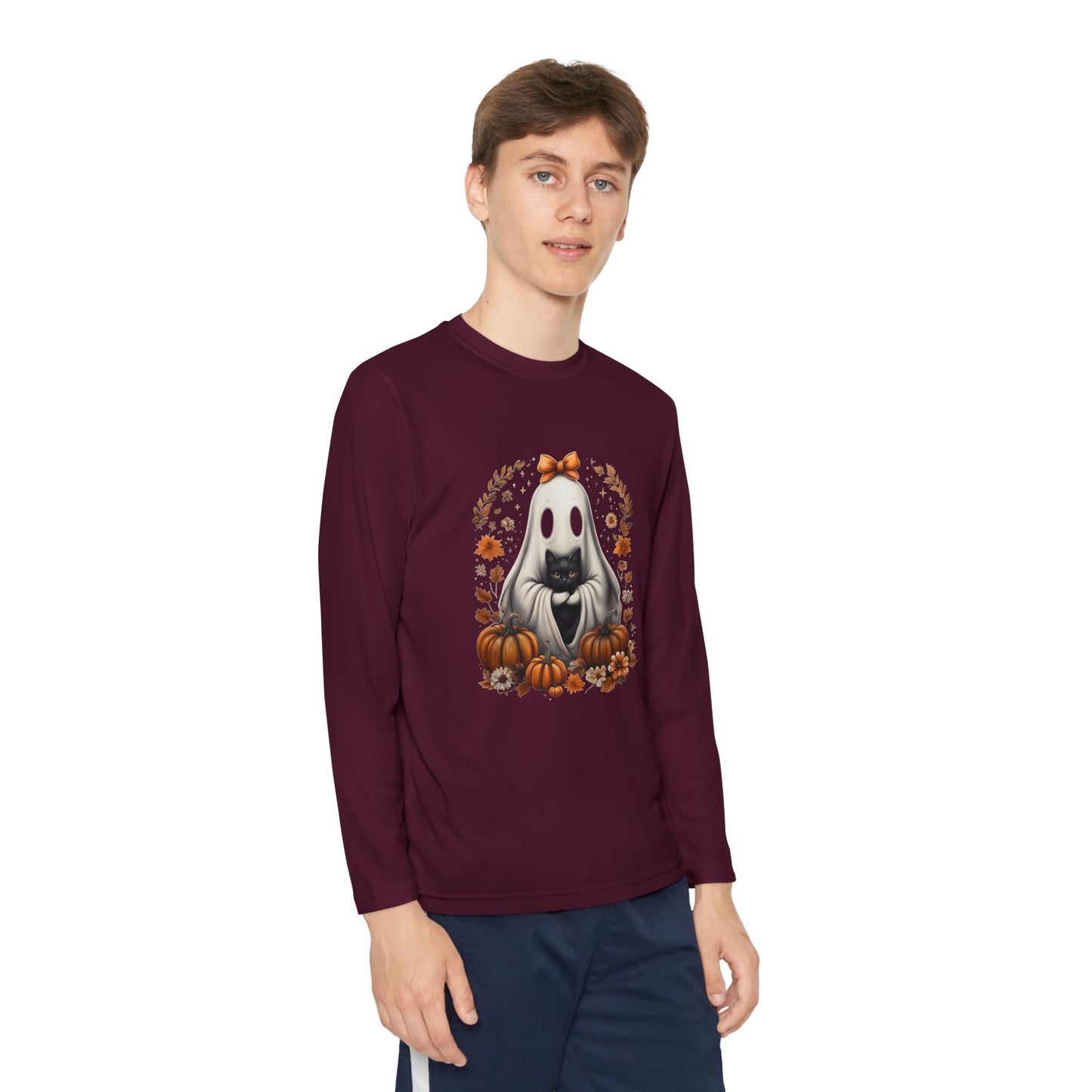 Cute Ghost and Black Cat Halloween T-Shirt | Cozy Fall Pumpkin Shirt | Spooky Season Aesthetic Apparel Gift for Halloween Lovers