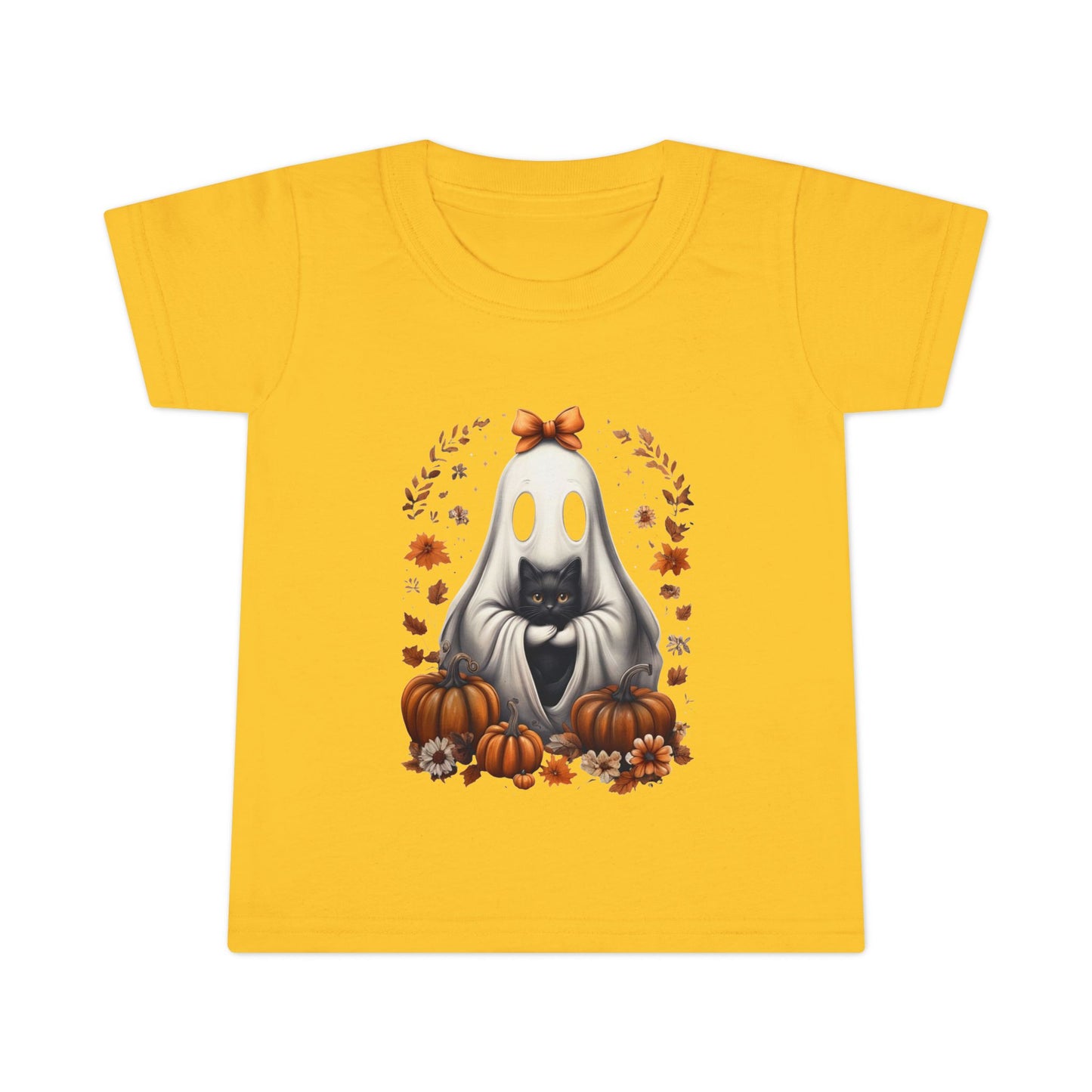 Cute Ghost and Black Cat Halloween T-Shirt | Cozy Fall Pumpkin Shirt | Spooky Season Aesthetic Apparel Gift for Halloween Lovers Toddler T-Shirt