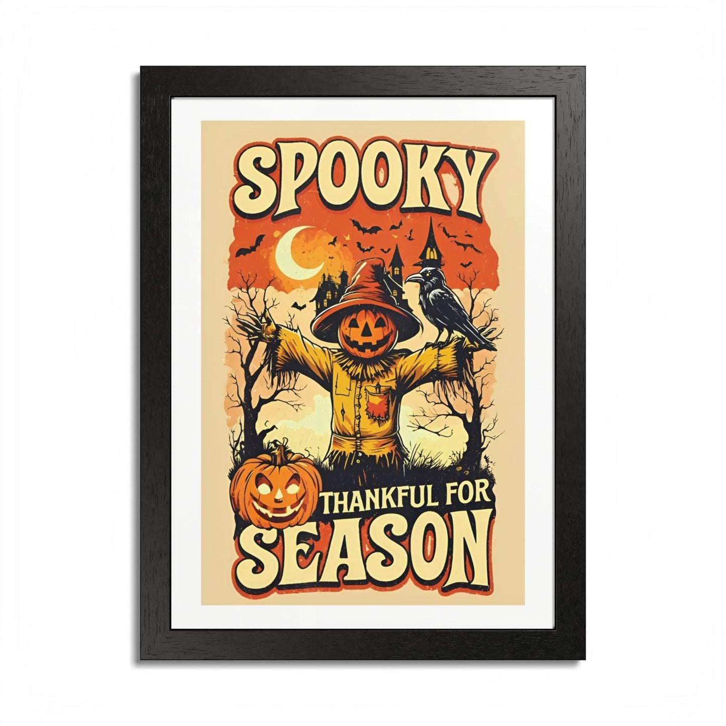 Spooky Thankful for the Season Wall Art – Halloween Pumpkin Scarecrow Poster | Autumn Fall Décor Framed Print