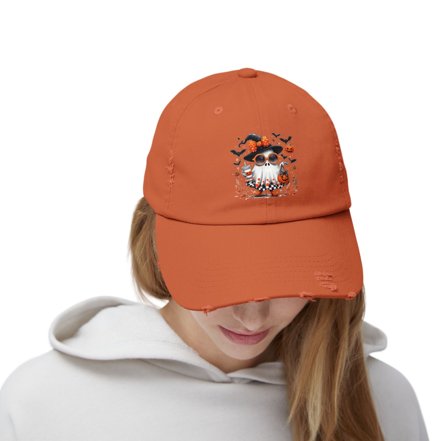 Cute Halloween Ghost  | Trendy Witch Ghost Outfit | Spooky Fall Shirt for Women | Pumpkin Aesthetic Halloween Apparel Gift Distressed cap