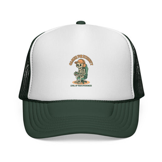 Retro Skeleton Trucker Cap, Vintage Style Hat for Outdoor Adventures, Trendy Gift for Adventurers, Fun Festival Accessory , Trucker Hat printed