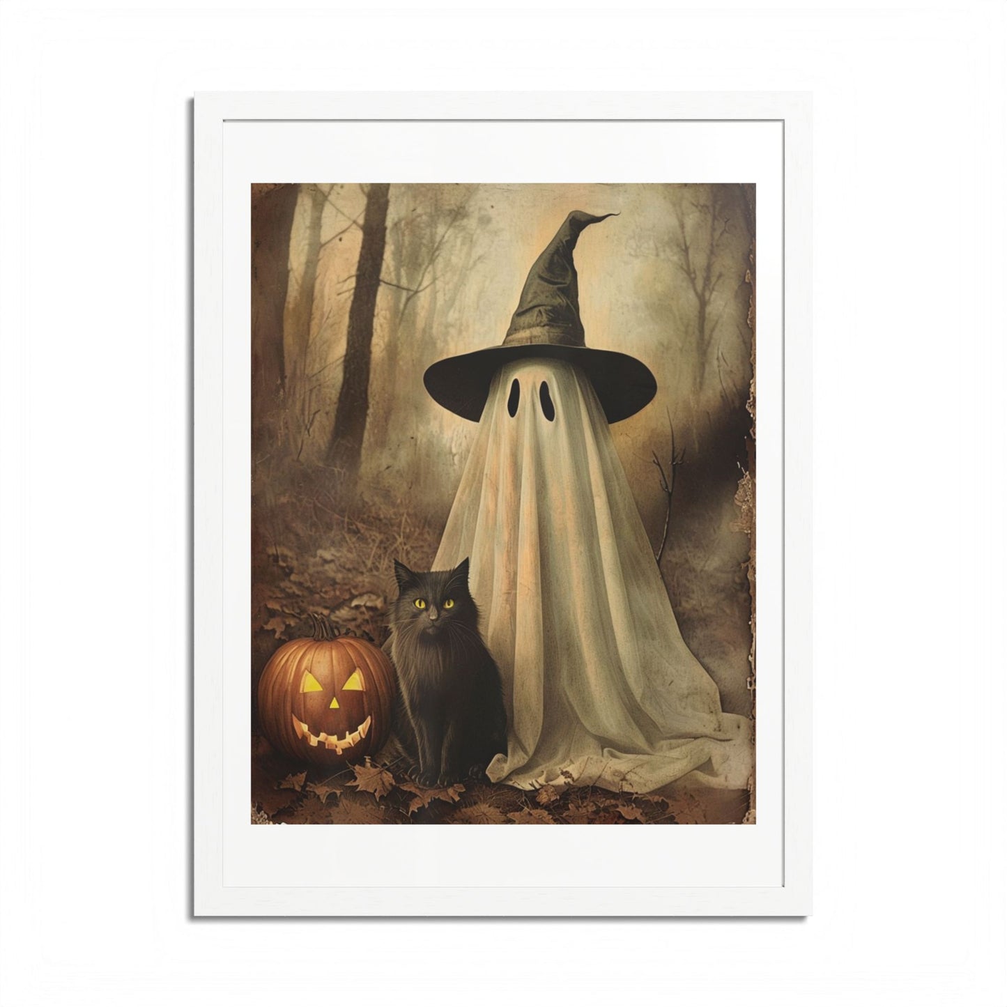 Halloween Framed Poster, Ghost and Cat Art, Spooky Home Decor, Fall Decoration, Trick or Treat, Halloween Wall Art, Framed Print