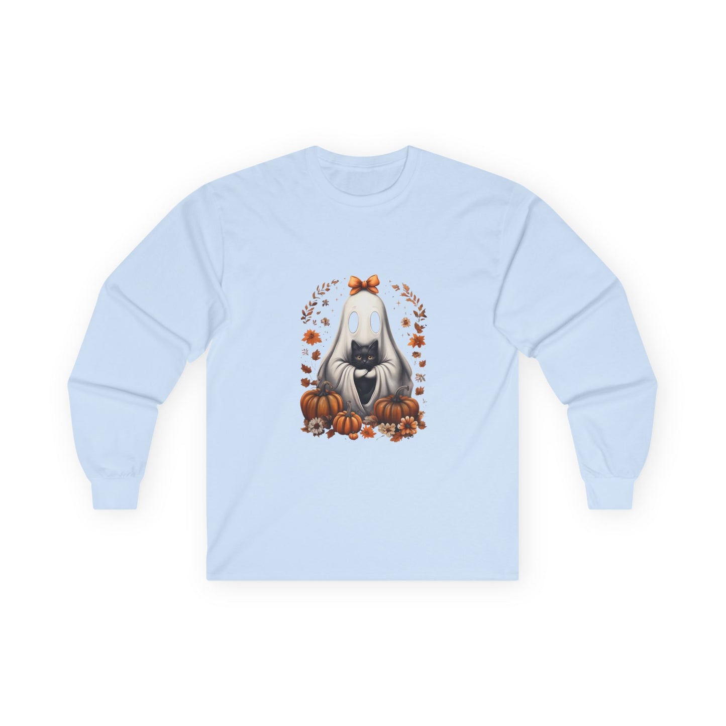Cute Ghost and Black Cat Halloween T-Shirt | Cozy Fall Pumpkin Shirt | Spooky Season Aesthetic Apparel Gift for Halloween Lovers