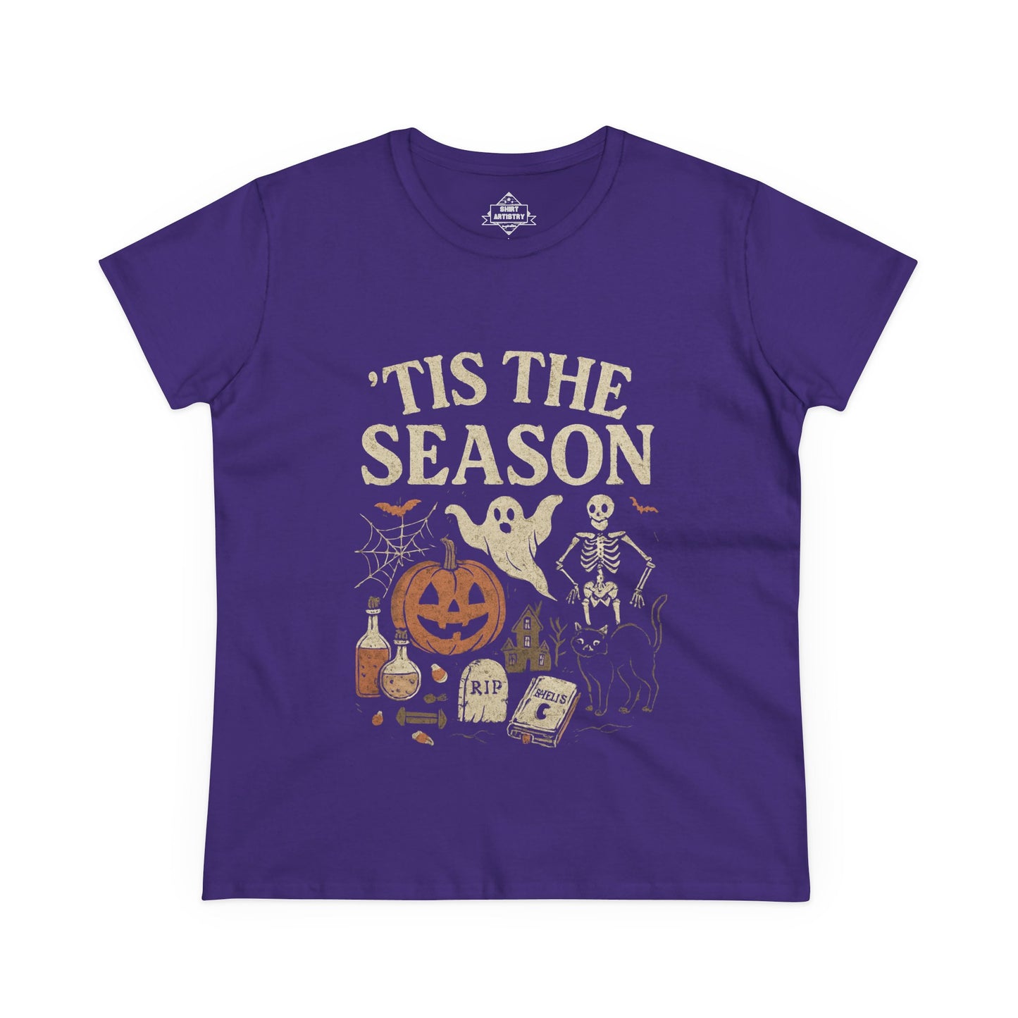 ‘Tis the Season Halloween T‑Shirt | Vintage Spooky Season Shirt with Ghost, Skeleton & Pumpkin | Retro Halloween Graphic Tee for Fall