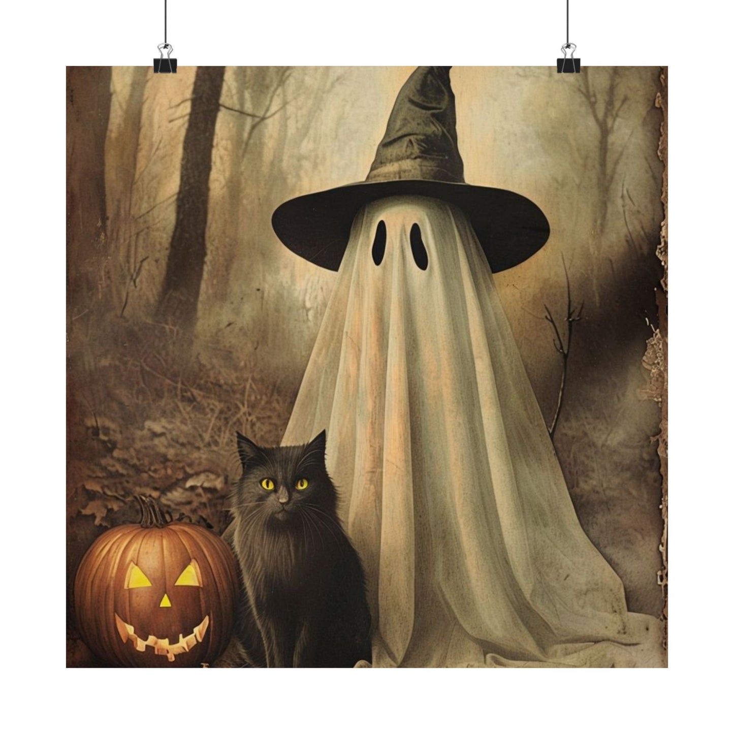 Halloween Ghost and Cat Matte Vertical Posters, Spooky Home Decor, Fall Art Print, Seasonal Wall Art, Halloween Decor, Poster