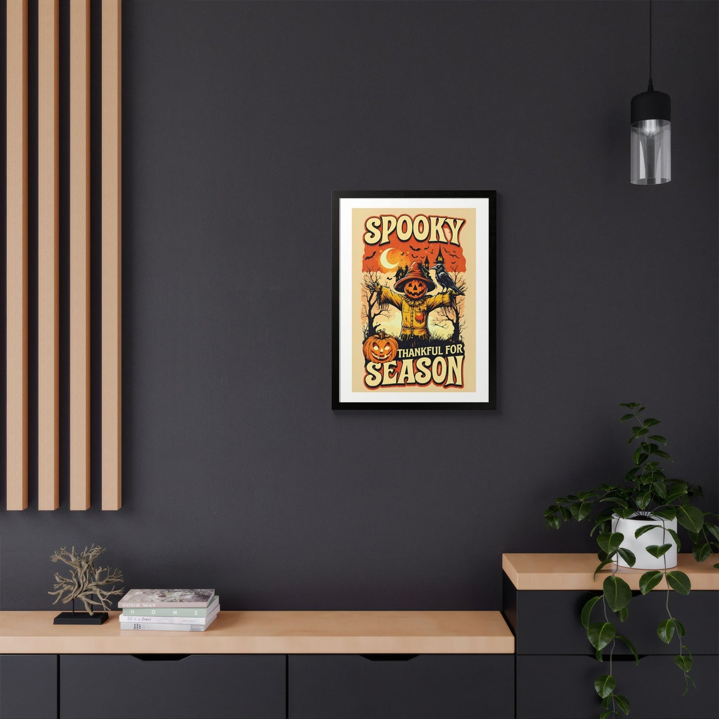 Spooky Thankful for the Season Wall Art – Halloween Pumpkin Scarecrow Poster | Autumn Fall Décor Framed Print