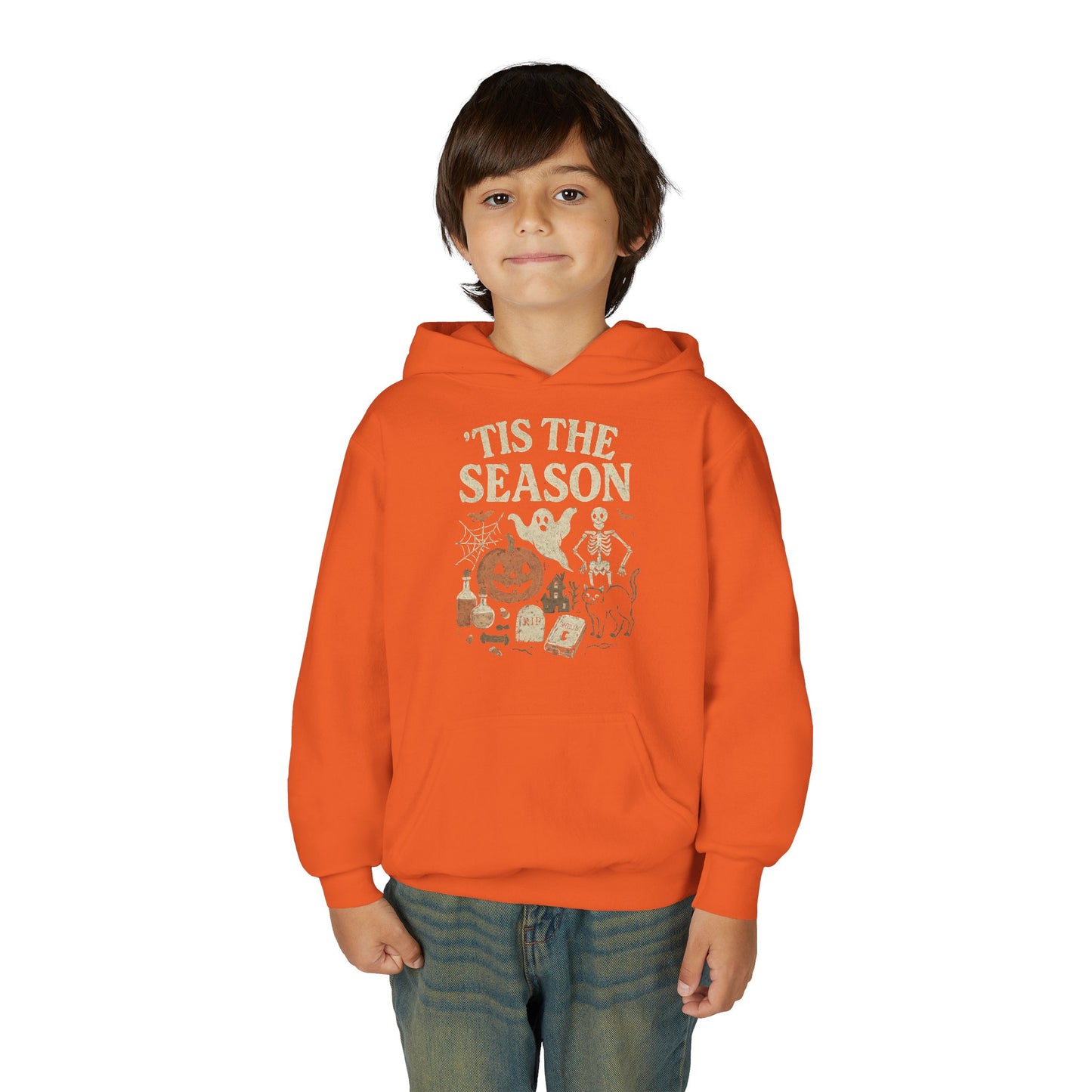 ‘Tis the Season Halloween  | Vintage Spooky Season Shirt with Ghost, Skeleton & Pumpkin | Retro Halloween Graphic Tee for Fall Kids Hoodie