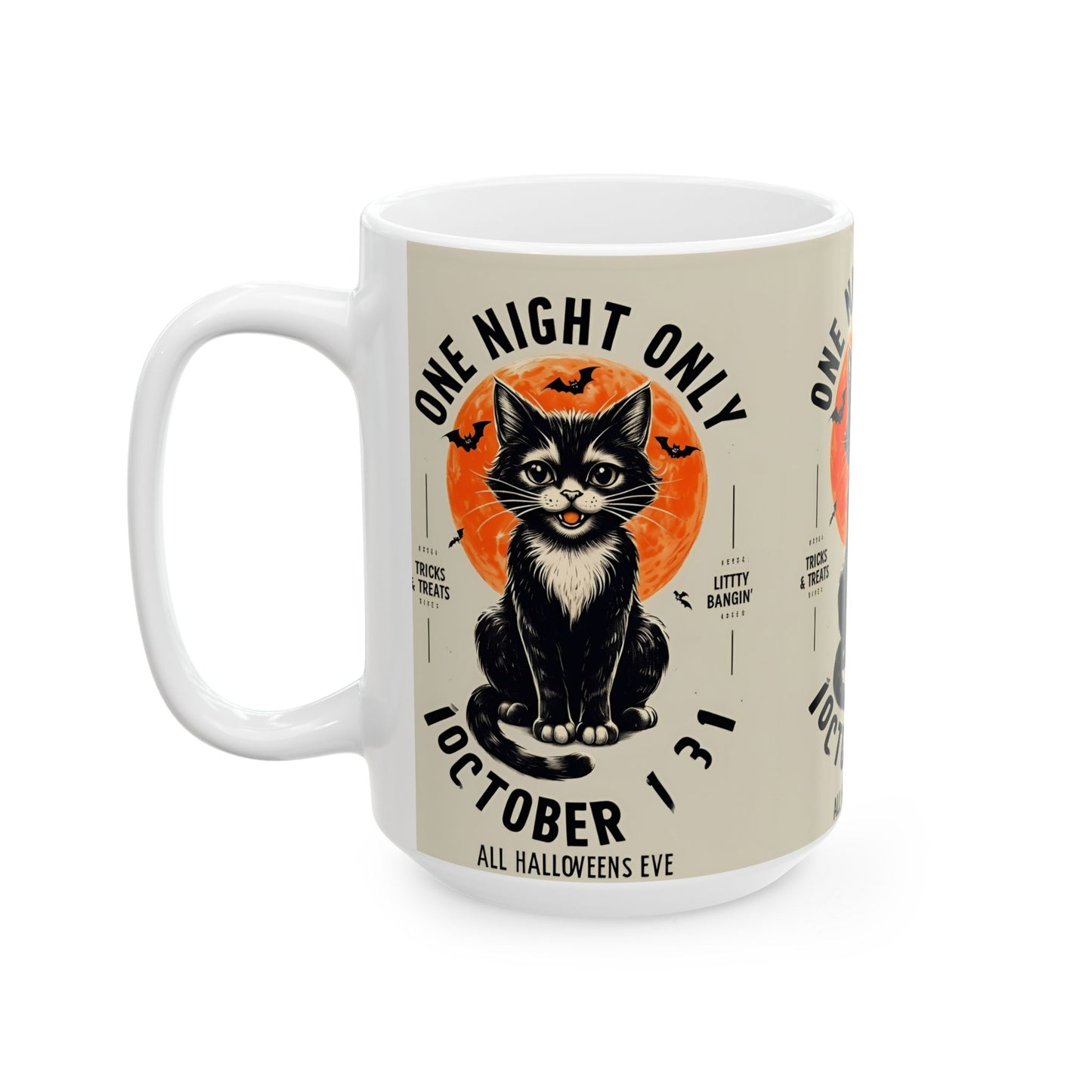 Halloween Black Cat Design | One Night Only October 31 Vintage Artwork Ceramic Mug